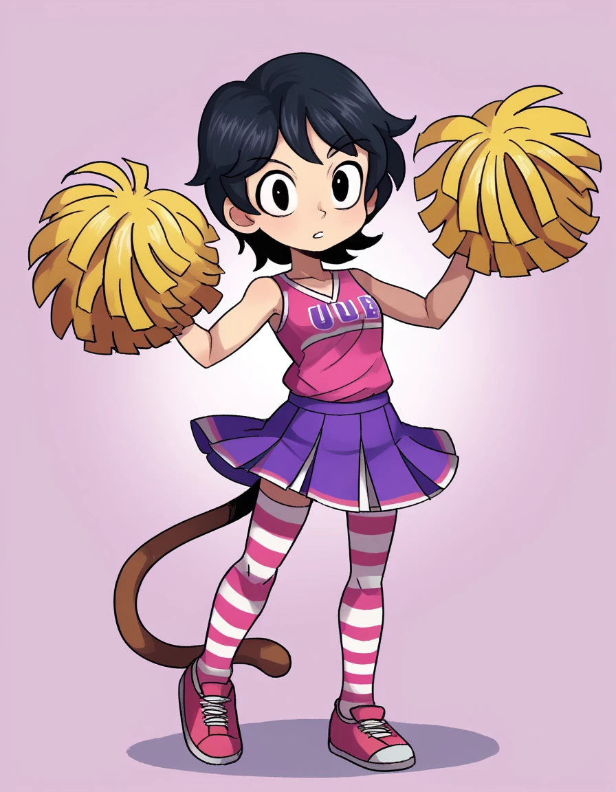 zPDXL, score_9, score_8_up, score_7_up, source_anime,
1girl, solo, <lora:Parsleah_v1:0.8> parsleahbase, black hair, short hair, black eyes, (monkey tail), small breasts, brown tail,, giggling, gendou_pose, cheerleader wearing Playful pink and purple ensemble with a sequined top, tulle skirt, striped stockings, pink ballet flats, (pom poms), megaphone,personalized backpack, <lora:peargor_v2:1> prgr