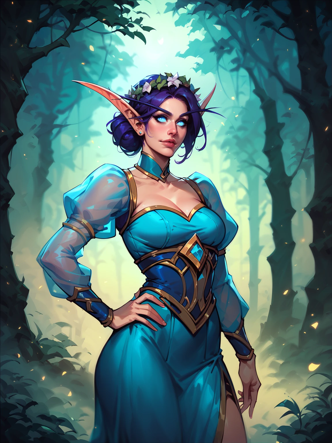 score_8_up, score_7_up, cowboy shot of beautiful elf queen, large firm round breasts, hand on hip, contrapposto, purple hair, ornate cyan dress with puffy sleeves, see-through sleeves, head wreath, particles, dark forest, night, fog fantasy, warcraft