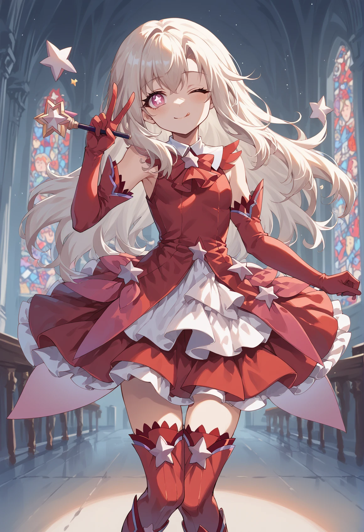 1girl, long hair, white hair, pink eyes, thigh strap <lora:Clara_XL-000009:1>  smile, red dress, elbow gloves, magical girl, red thigh Boots, wink, star \(symbol\), star-shaped pupils, tongue out, :p, tilt head, wand, v, dynamic pose, indoors, mansion  <lora:Illya_IQ2:0.8>, score_9, score_8_up, score_7_up, score_6_up, score_5_up, score_4_up, BREAK source_anime, masterpiece