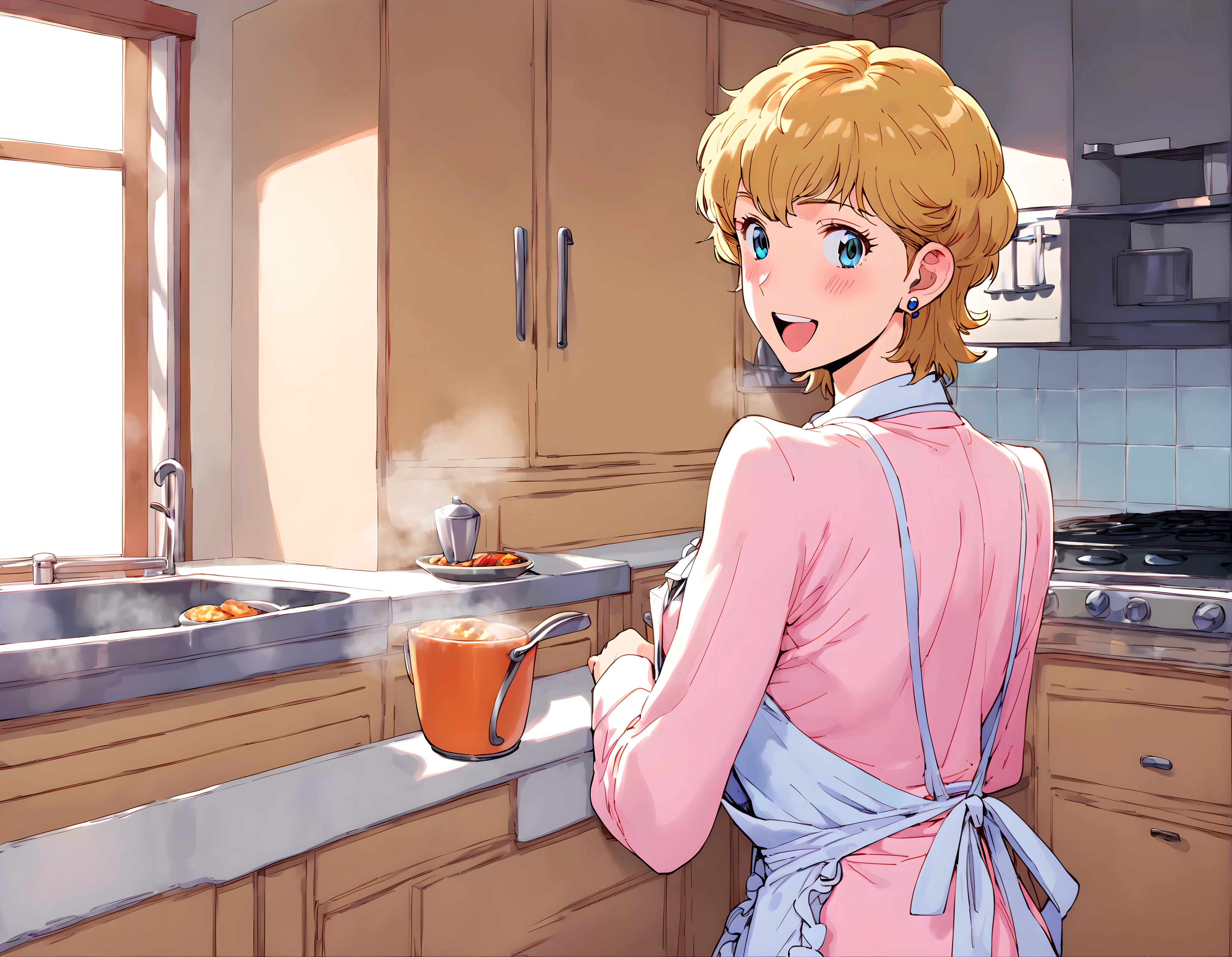 <lora:pony_xl_Hildegard:0.8>,Hildegard,score_9,score_8_up,1girl,female,kawaii,solo,short hair,earrings,white collared shirt,Pantsuit,gentle smile,apron,smile,;d,light_blush,Slightly_open_mouth and laugh,kitchen,cooking,standing,looking_back,