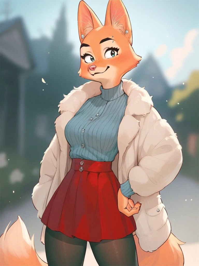 score_9, score_8_up, score_7_up, score_6_up, score_5_up,
Diane_Foxington, ginger fur, sharp black eyebrows, silver piercings on eyebrow, dusty-pink nose, fox tail, black eyelashes, red fur coat, red skirt, black tights
<lora:Diane_Foxington_Penpen_style-000002:0.7>