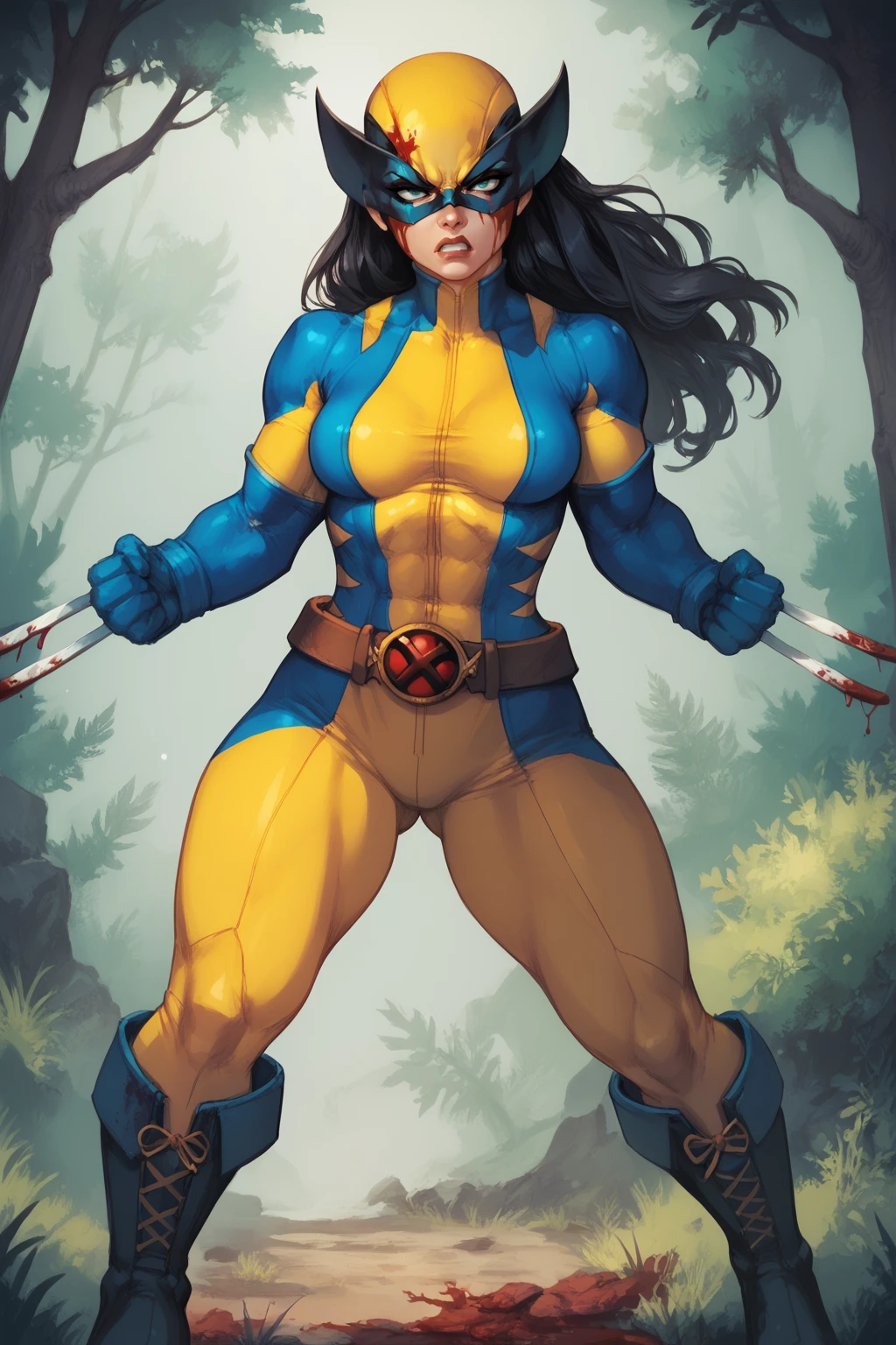 score_9, score_8_up, score_7_up, masterpiece, high quality, BREAK
<lora:Laura Kinney X-23PonyLoRA:1.1>LraKinyX, long hair, mask, bodysuit, gloves, belt, boots, blood, weapon, claws, angry, fighting in a forest