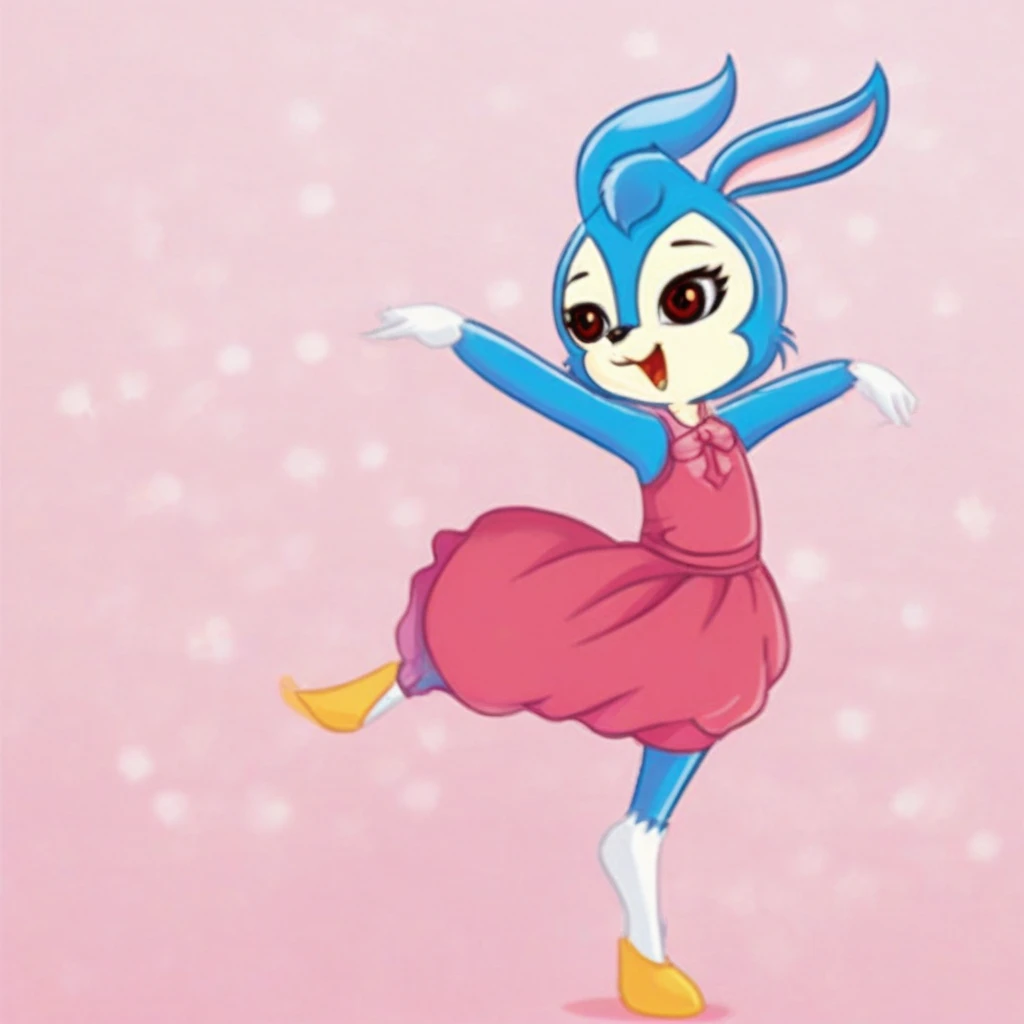 solo,animal ears,open mouth,rabbit ears,smile,furry,happy,1girl,standing,standing on one leg,full body,brown eyes,blush,gloves,outstretched arms,red eyes,white gloves,furry female,animal nose,leg up,rabbit girl,blue fur,:d,blue hair,tail,flat chest,arms up,body fur,spread arms,:3,<lora:lantupony:1>,