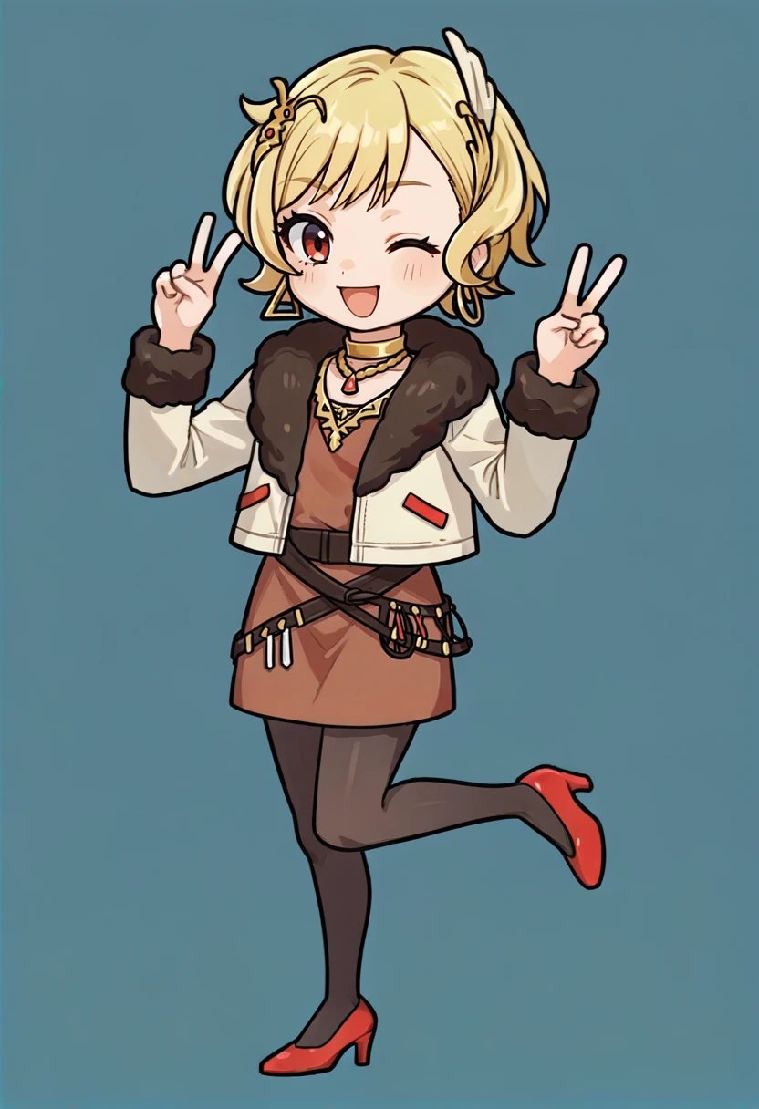 score_9, score_8_up, score_7_up, source_anime, 1girl, chibi, cute, full body, standing on one leg, looking at you, wink, :d, peace sign, BREAK <lora:CitrinneFE-pdxl:1> casCitrinne, short hair, wing hair ornament, hoop earrings, gold choker, necklace, short brown dress, fur-trimmed jacket, long sleeves, belt, black pantyhose, red high heels, blue background