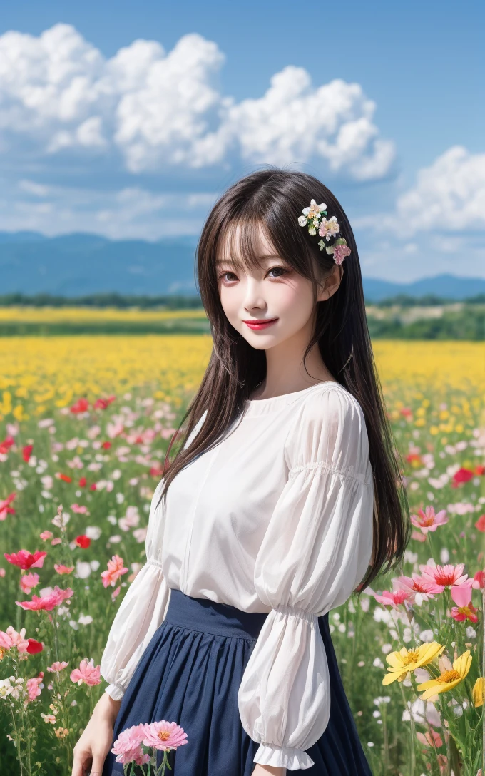 masterpiece,best quality,extremely fine and beautiful,perfect detailed,best illumination,best shadow,an extremely delicate and beautiful,HDR,(Cloud gap light:1.2),bloom,Chromatic Aberration,Photorealistic,extremely detailed,((1 ,cute,)),(young girl:1.3),((((detailed beautiful eyes)))),((face focus))),(deep brown hair,very long hair),((bright blue eye)),bright hair,Blushing,(((a big smile))),hair blowing with the wind,skirt blowing with the wind,((white skirt,grace,puffy sleeves,)),detailed skirt,detailed clothes,standing in a vibrant field of flowers,a gentle breeze stirring her hair,(stands in the garden),(Colorful flowers:1.2),in summer,mystical nature,sunlight casting a warm glow on her,detailed flower,upper_body,looking at viewer,capturing a moment of blissful serenity,in spring,Boundless fields of flowers,hills,(landscape,Spectacular cumulonimbus clouds,beautiful detailed sky),Colorful clouds,Colorful sky,wind,(((((Flowers in the foreground of the picture))))),((strong rim light,luminous particles,wind)),(depth of field),lens flare,(bokeh),(face focus),(cinematic lighting),ray tracing,<lora:cutegirl25d:0.3>,<lora:velvia-000001:0.7>,