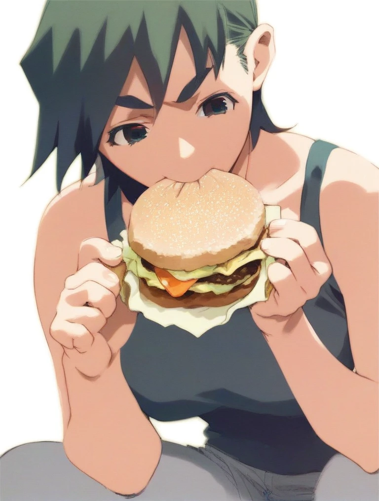 A girl with short black hair, yellow eyes and muscles with big breasts wearing formal clothes eating a profiteroles