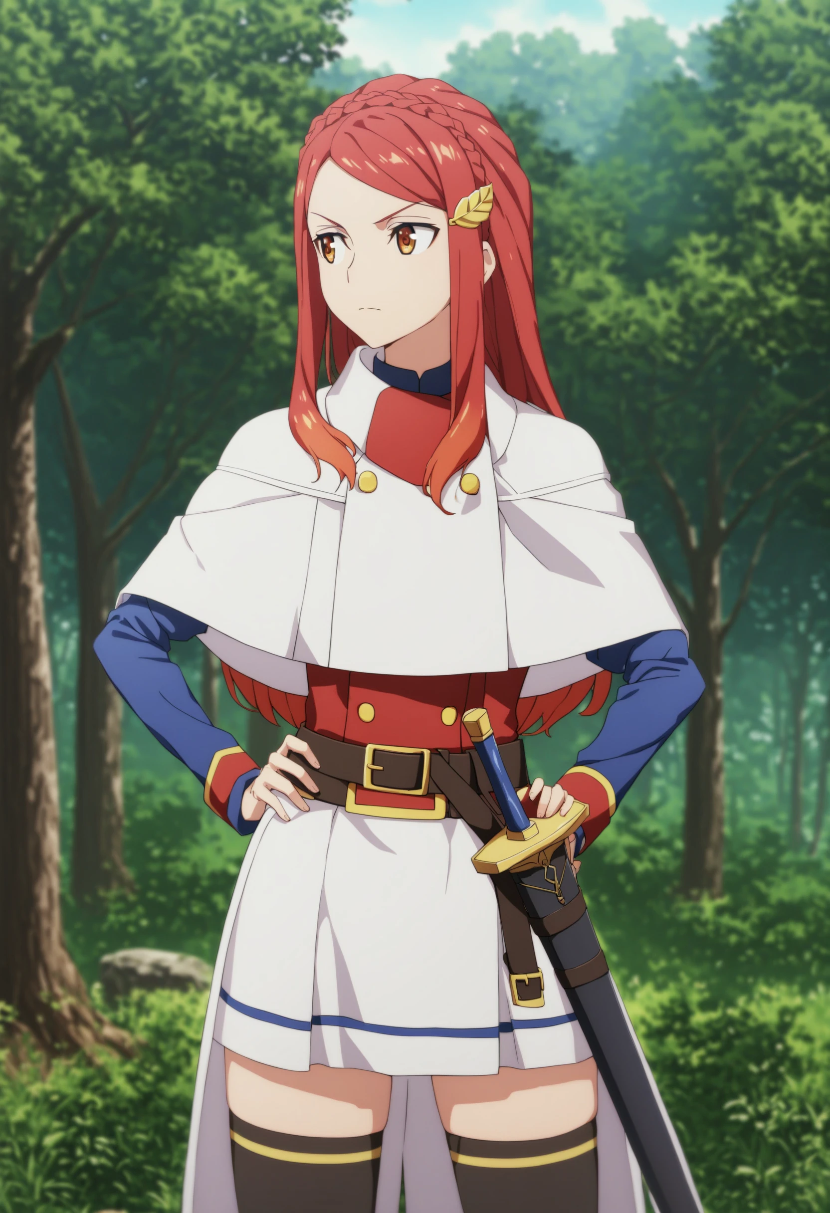 sysdeep_karnatia, 1girl, solo, long_hair, skirt, long_sleeves, thighhighs, closed_mouth, orange_eyes, standing, braid, weapon, outdoors, cowboy_shot, red_hair, day, hairclip, belt, sword, miniskirt, bag, tree, looking_to_the_side, hand_on_own_hip, blurry_background, capelet, frown, white_skirt, sheath, nature, forest, sheathed, scabbard, karnatia_uniform, <lora:Karnatia Seri Anabald - [So Im a Spider So What] - SDXL Version 1:1>