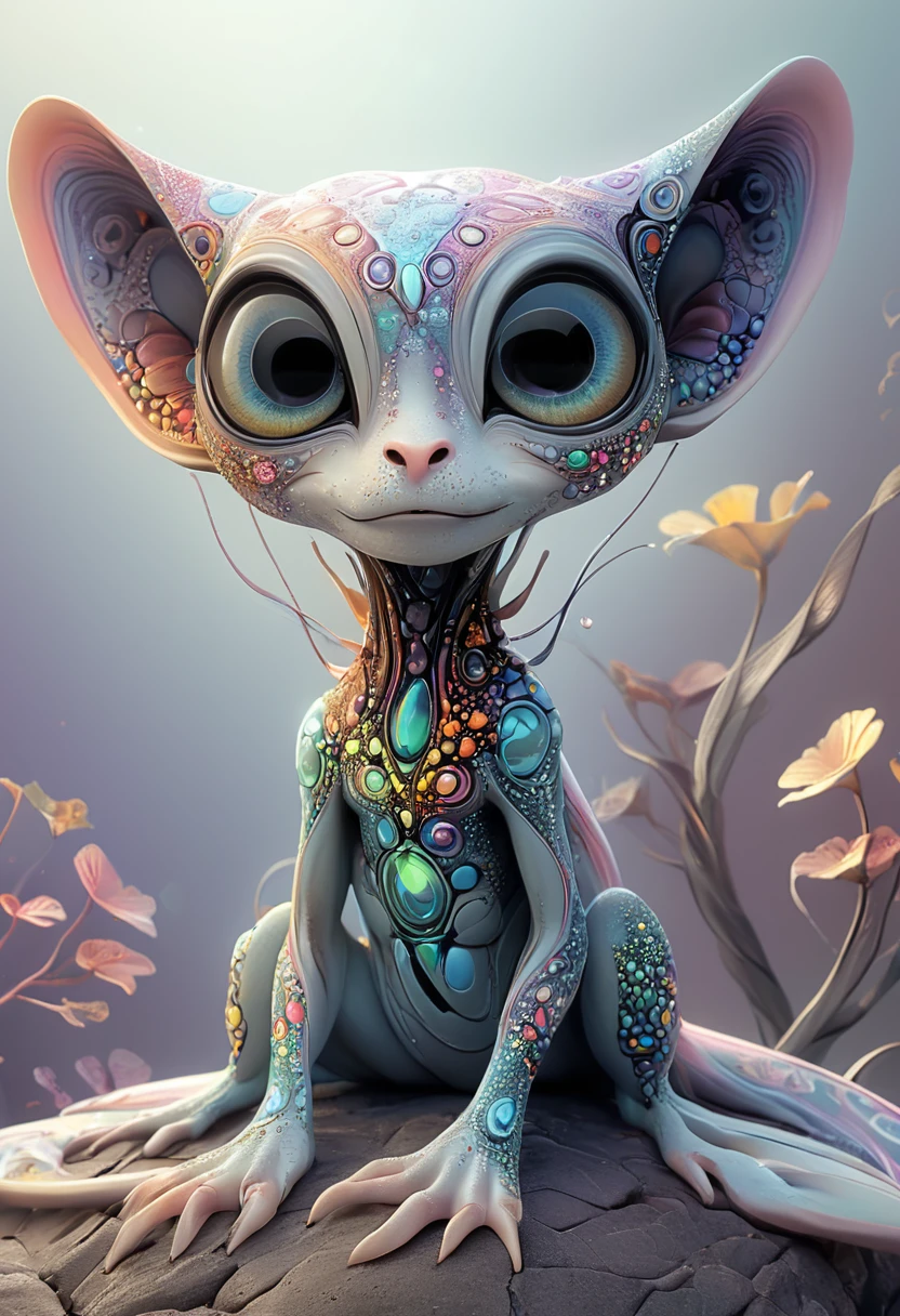 <lora:artfullyALIEN_SDXL_V1:1>,artln,A cute alien creature with big eyes, cartoon realism, cosmic inspiration, detailed anatomy drawing, detailed background elements, detailed rendering, ethereal sculptures, full body portrait, high detail., high resolution, high resolution., iridescent colors, large ears and a long tail sitting on the ground, long limbs and colorful patterns on its skin, made of fractals with a detailed background in the colorful fantasy realism style of an ethereal atmosphere with pastel colors and high resolution, many colors and patterns on its skin across its full body, pastel tones, pixar style., sitting in the style of detailed character design, ultra realistic photography.