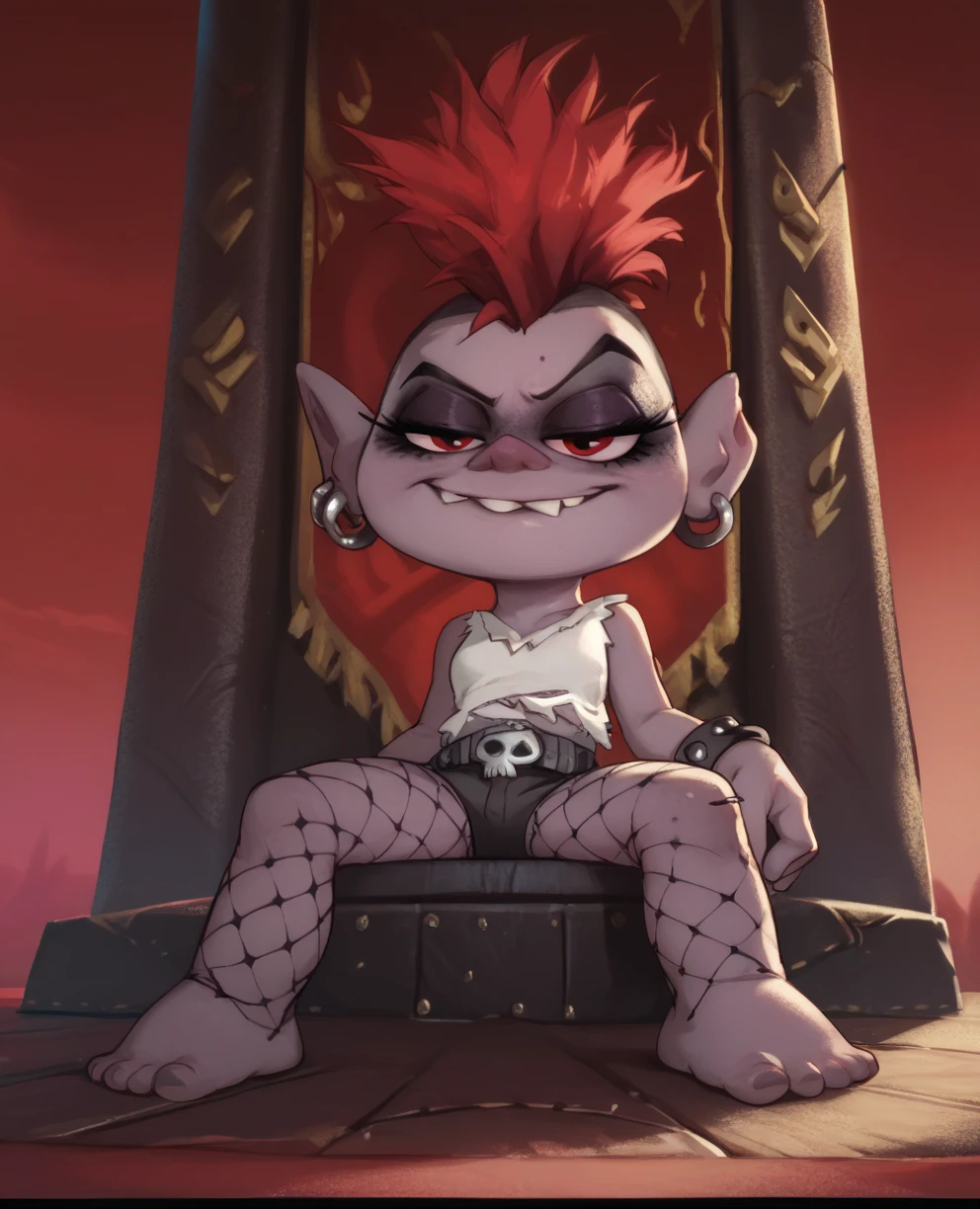 score_9,score_8_up,score_7_up,score_6_up,p,queenbarbxl,mohawk,red eyes,eyeshadow,smug,
spiked bracelets,fishnet pantyhose,shorts,piercing,torn white shirt,belt,
flames,red sky,stage,   
throne,   sitting,    
<lora:Queenbarbxl:1>,