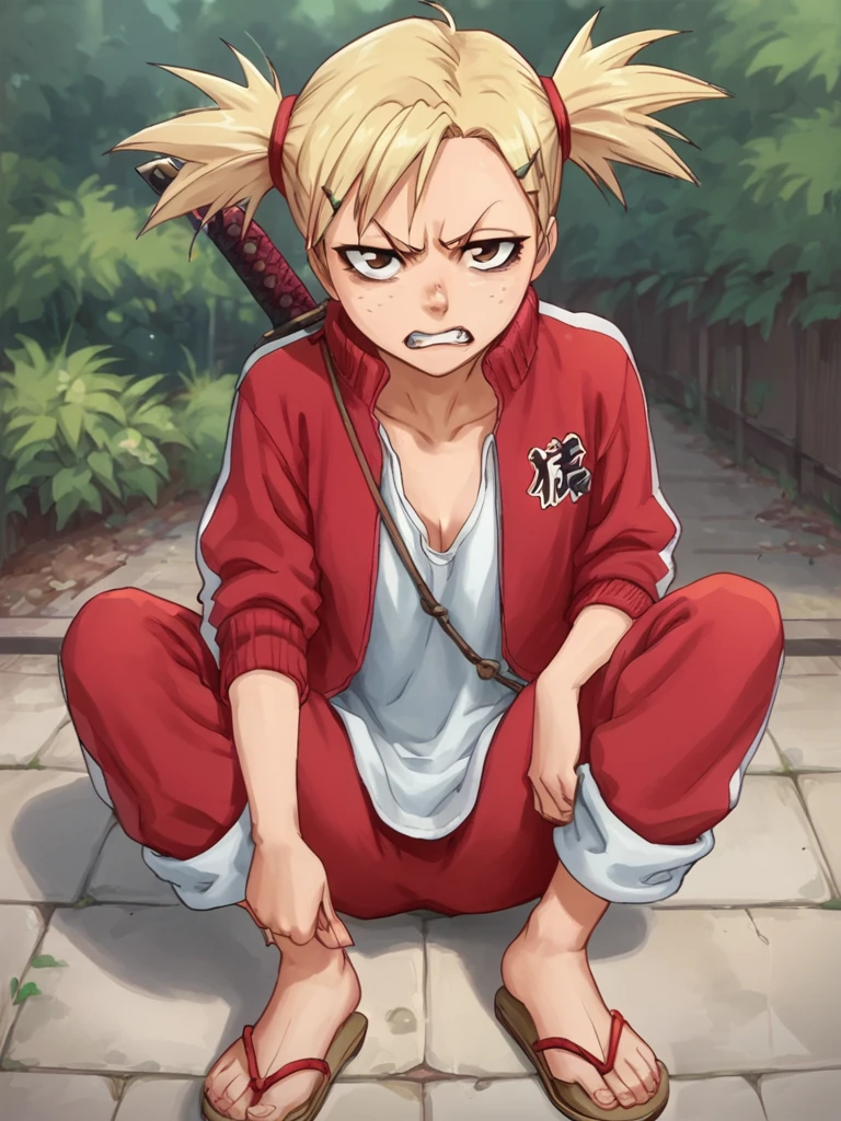 HiyoriSarugaki, clenched teeth, 1girl, solo, blonde hair, freckles, hairclip, red track jacket, teeth,sandals, twintails, white tank top,brown eyes, <lora:HiyoriSarugakiPony1.0:1.0>, score_9, score_8_up, score_7_up, score_6_up, score_5_up, score_4_up, looking at viewer,outdoors,katana,