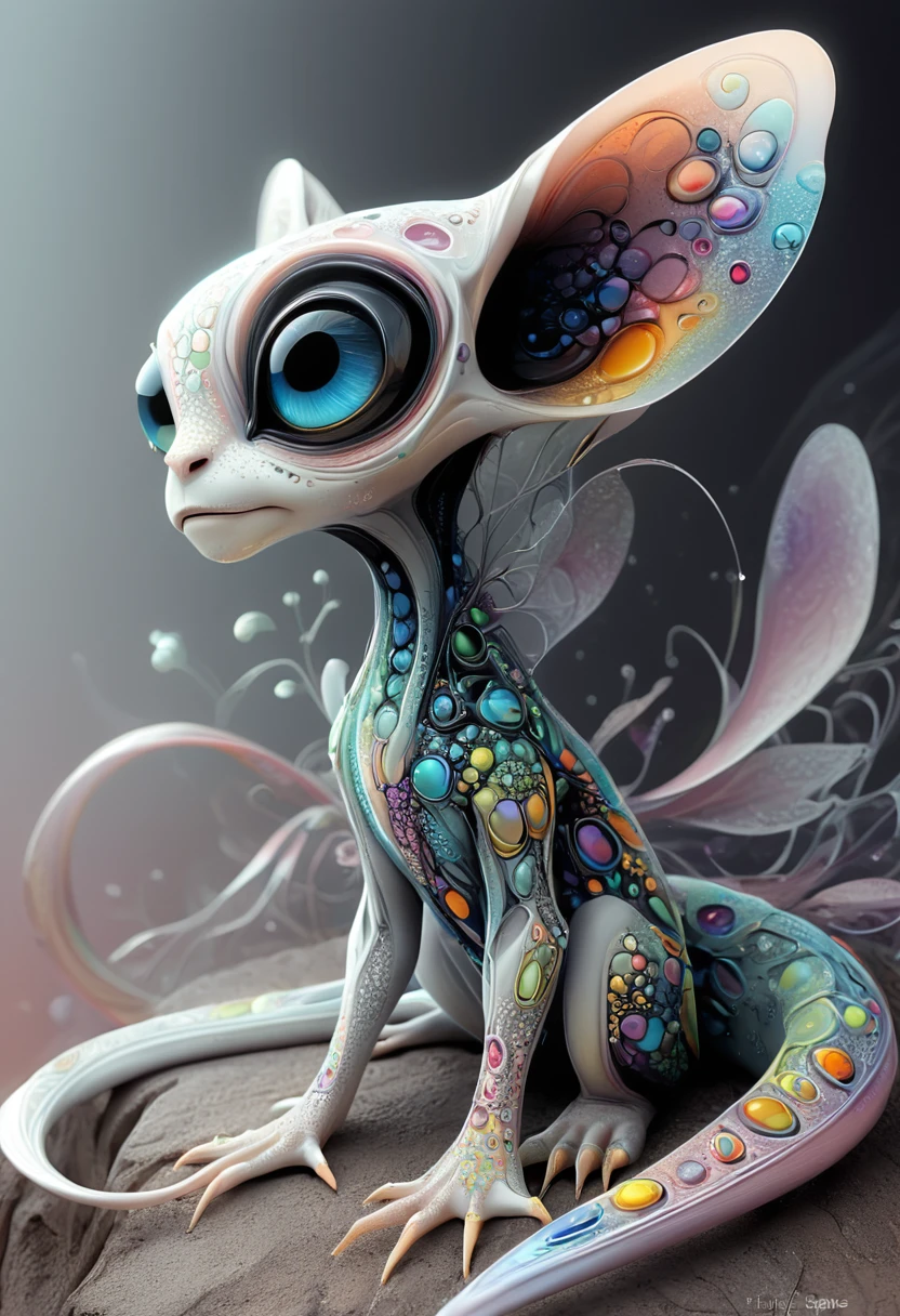 <lora:artfullyALIEN_SDXL_V1:1>,artln,A cute alien creature with big eyes, cartoon realism, cosmic inspiration, detailed anatomy drawing, detailed background elements, detailed rendering, ethereal sculptures, full body portrait, high detail., high resolution, high resolution., iridescent colors, large ears and a long tail sitting on the ground, long limbs and colorful patterns on its skin, made of fractals with a detailed background in the colorful fantasy realism style of an ethereal atmosphere with pastel colors and high resolution, many colors and patterns on its skin across its full body, pastel tones, pixar style., sitting in the style of detailed character design, ultra realistic photography.