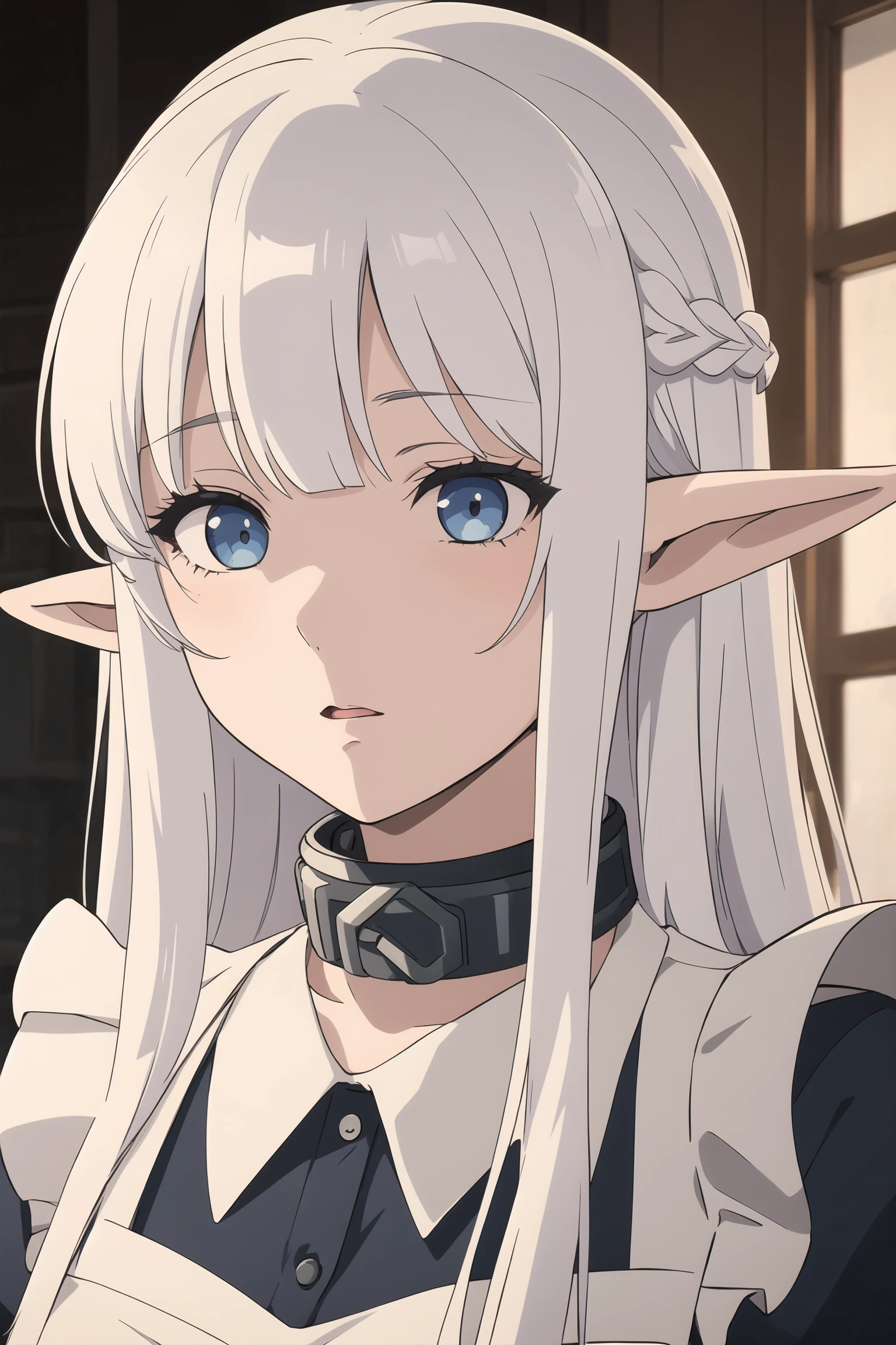 Nephelia, 1girl, solo, long hair, bangs, blue eyes, braid, white hair, pointy ears, elf, portrait, maid, makeup, metal collar, <lora:Madome_-_Nephelia_R6:0.8>