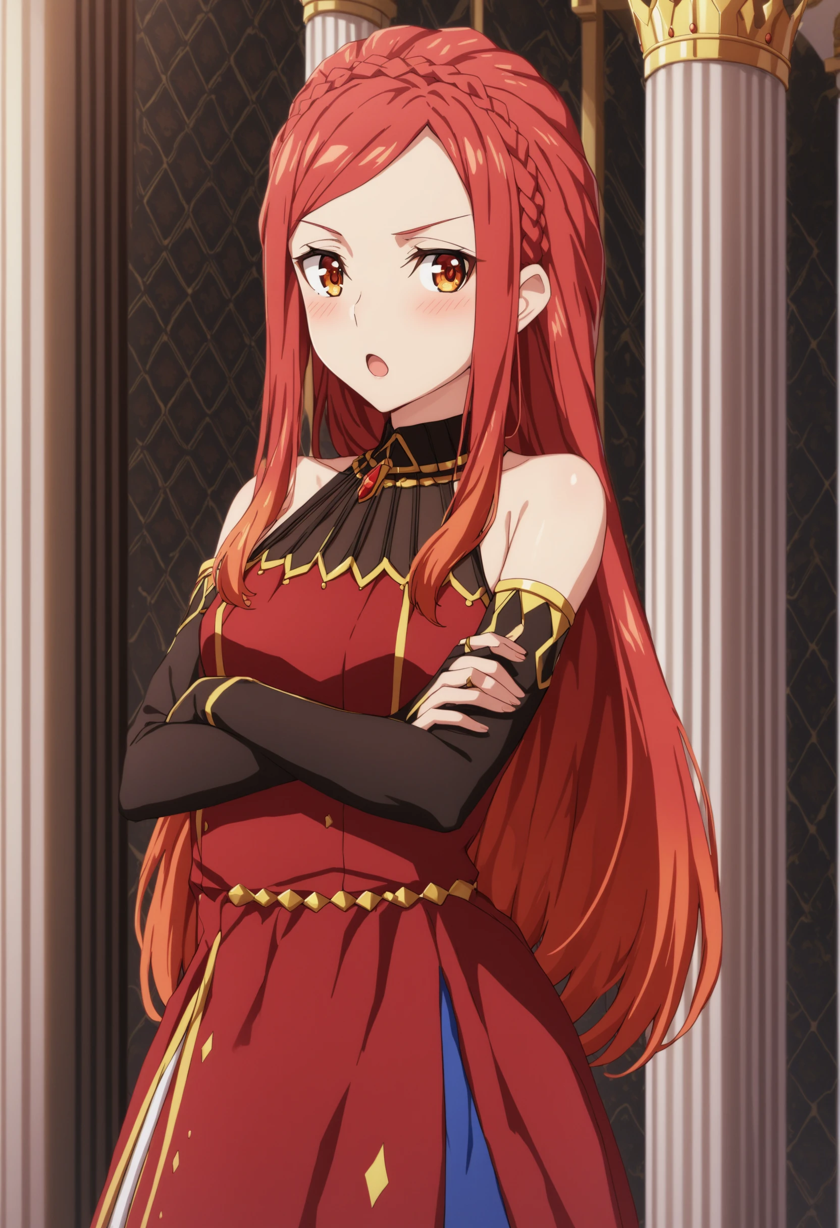 sysdeep_karnatia, 1girl, solo, long_hair, breasts, looking_at_viewer, blush, open_mouth, gloves, bare_shoulders, medium_breasts, orange_eyes, standing, braid, sidelocks, red_hair, detached_sleeves, indoors, :o, parted_bangs, crossed_arms, bridal_gauntlets, crown_braid, pillar, karnatia_dress, <lora:Karnatia Seri Anabald - [So Im a Spider So What] - SDXL Version 1:1>