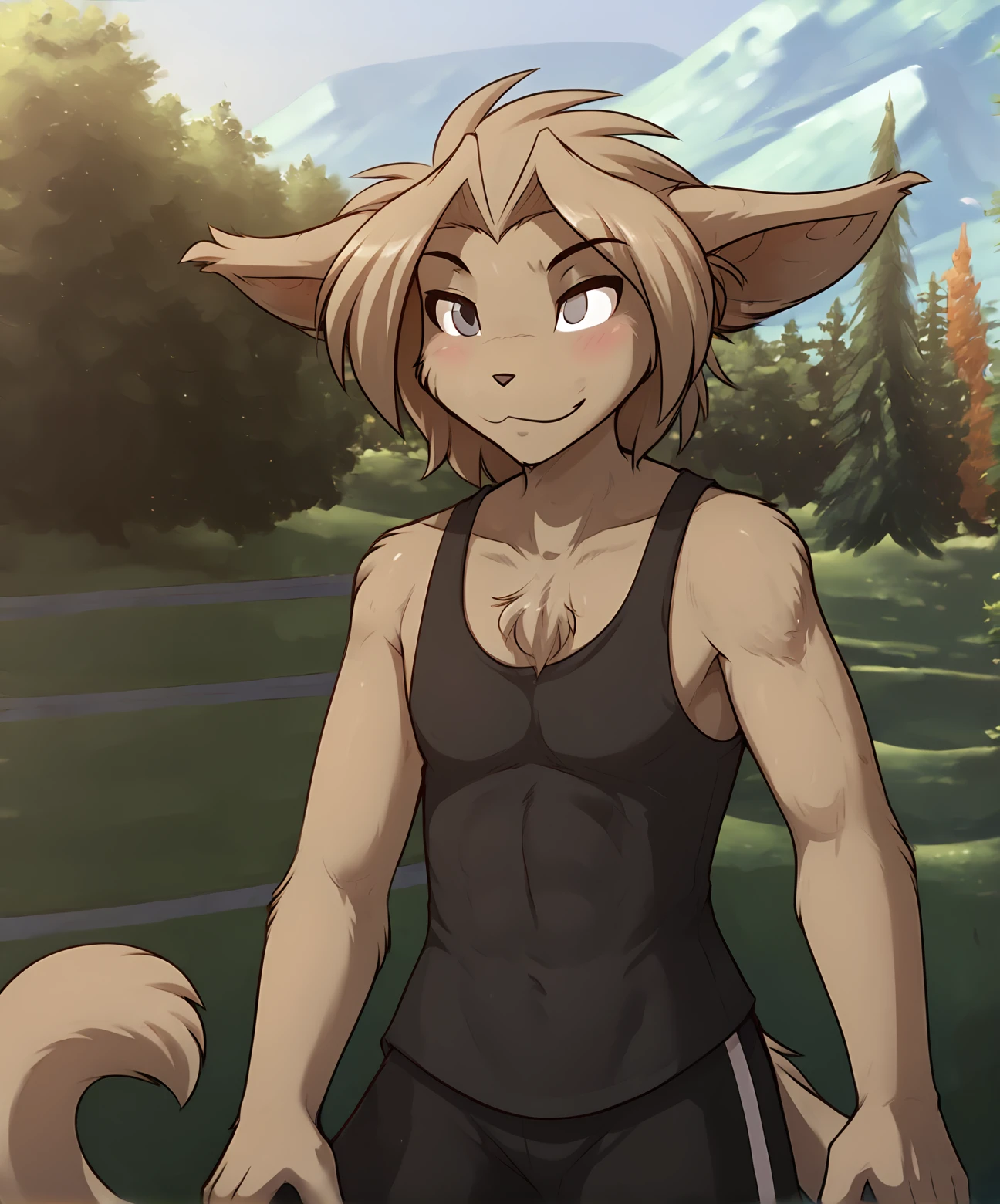 score_9, score_8_up, score_7_up,score_6_up,score_5_up, source_furry
BREAK
solo, furry male anthro, medium hair, flat chest, (blushing, seductive), tank top, gym shorts, (outdoors, park), upper body shot
BREAK
<lora:Alaric-Twokinds-SDXL-AnonTK-V6-000025:1>, alaric-twokinds, basitin, mammal, feline tail, grey eyes