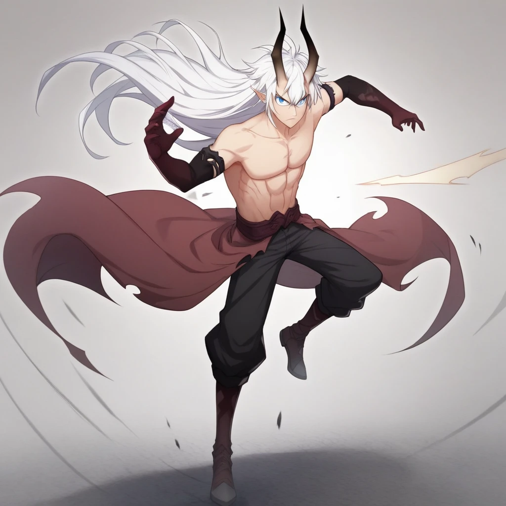 score_7_up, BREAK, Chenchangan,  1boy, solo, white hair, long hair, blue eyes, horns, pointy ears, topless, black pants, long gloves, waist cape,   <lora:ChenChangan_DGod_PXL_Leaf1:1>,  full body, fighting stance,