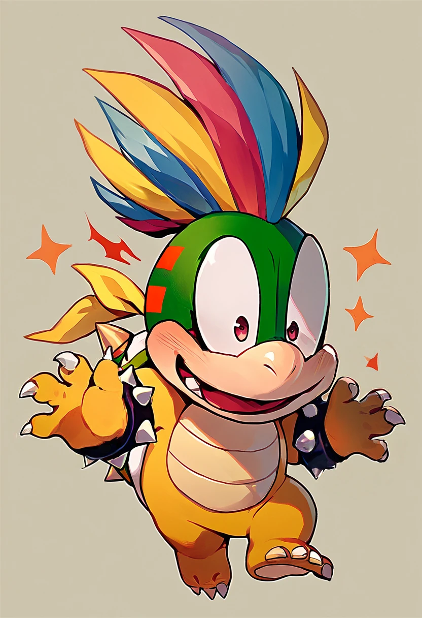 score_9, score_8_up, score_7_up, score_6_up, score_5_up, source_furry, lemmy koopa, yellow body, shortstack, spiked wrist cuffs, rainbow hair, silly expression, simple background, claws, <lora:Lemmy_Koopa:1>
