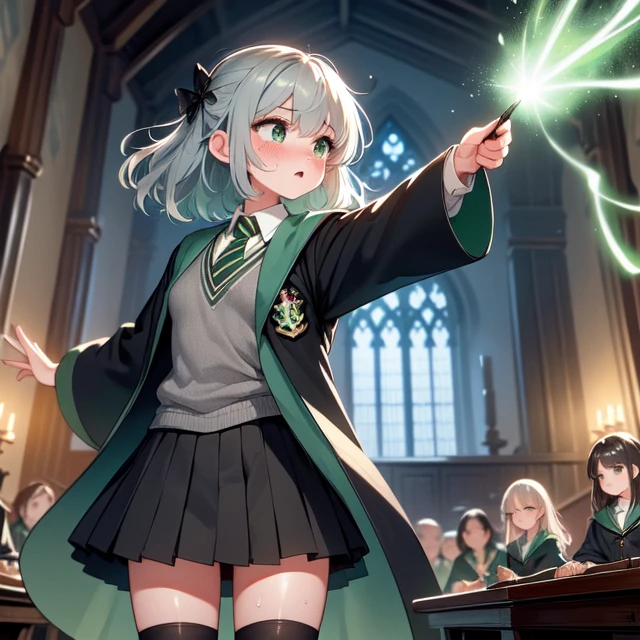 (((masterpiece))), (((best quality))), ((from below)), ((slytherin)), ((avada kedavra)), ((winding current)), ((green light)), (holding wand), wide sleeves, striped necktie, thighhighs, sweater, skirt, robe, hazy, wind, table, window, candle, aisle, great hall, hogwarts school uniform, multiple girls, gray hair, big tits, sweat, scared, shy, blush, slim figure, <lora:girllikeslytherin:0.8>