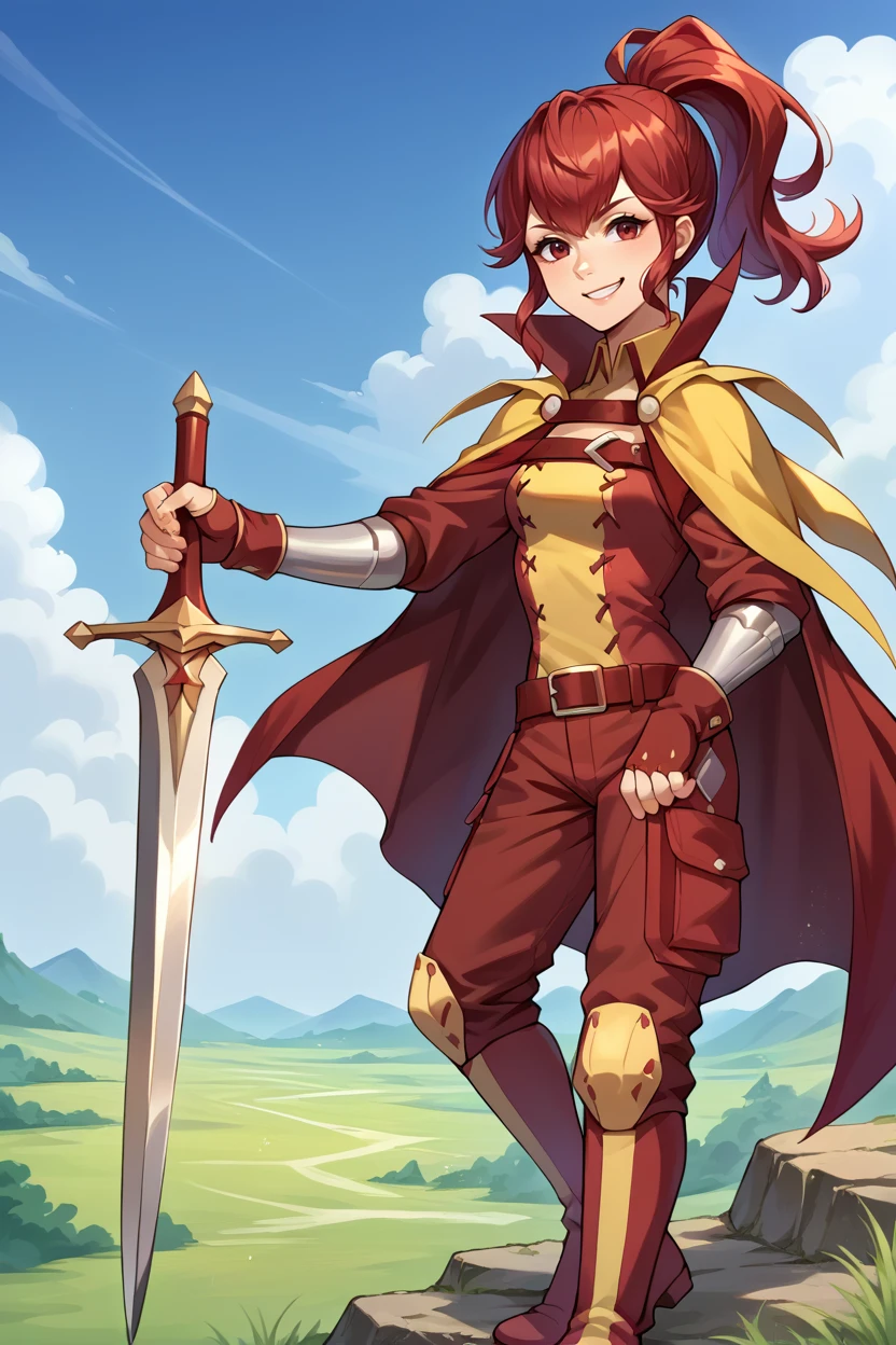 score_9, score_8_up, score_7_up, score_6_up, source_anime BREAK 1girl, solo, <lora:feanna-pdxl-nvwls-v1-000005:1> fe13Anna, red hair, ponytail, red and yellow tunic, maroon cape, belt, fingerless gloves, red pants, boots, blue sky, field, cliff, holding sword, smirk