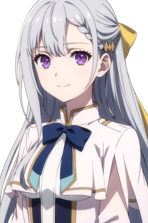 solo, 1girl, looking at viewer, 2D, anime, anime coloring, upper body, (simple background, solid white background:1.3), <lora:euphyllia-magirevo:0.8>, euphyllia magenta, bowtie, smile