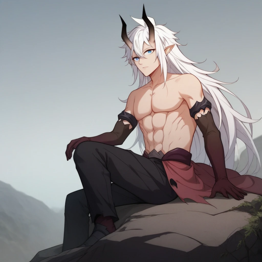 score_7_up, BREAK, Chenchangan,  1boy, solo, white hair, long hair, blue eyes, horns, pointy ears, topless, black pants, waist cape,  long gloves,  <lora:ChenChangan_DGod_PXL_Leaf1:1>, cowboy shot, sitting on rock,