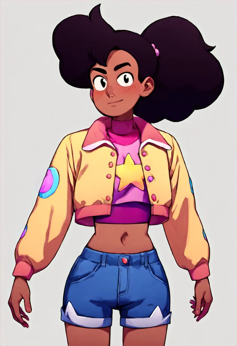 , score_9, score_8_up, score_7_up, source_anime, source_cartoon, rating_safe 1girl, solo,  stevonnie, black hair, dark skin, dark-skinned female, shorts, black eyes, midriff, jacket
(cartoon, anime),detailed face, (cowboy shot), (source_cartoon, source_anime), detailed eyes, masterpiece,    
SIMPLE BACKGROUND
seductive,nsfw,lewd,sensual,  perky breasts, hips, , thighs, sexy pose,  adult,  nude, 
woman,1girl, , looking  at viewer, happy, blushing,, flirty eyes,            
 <lora:Stevonnie_Pony:.5>