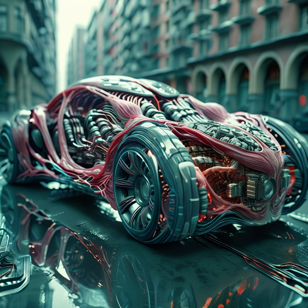 cyberanatomy futuristic cyber car with an engine from a human heart, on the street of a big cyborg city, very detailed photorealistic, dark and expressive, cinematic<lora:cyberanatomy:1>