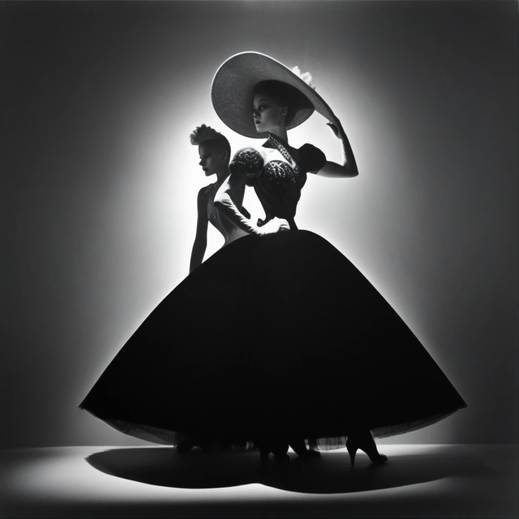 likely performers or dancers. One figure is wearing an elaborate tutu-like dress with a structured skirt that fans out dramatically. The other figure is wearing a costume or bodysuit that accentuates their slender, gestural pose with arms extended. The lighting creates strong contrasts, glamorous aesthetic reminiscent of Old Hollywood or fashion photography from the mid-20th century., almost avant-garde visual effect., adding to the dreamlike and atmospheric quality of the image. The composition and play of light and shadow create a sense of movement and a powerful, The image is a black and white photograph portraying a woman wearing an ornate wide-brimmed hat and dark attire. The woman's face is partly obscured by the hat's brim