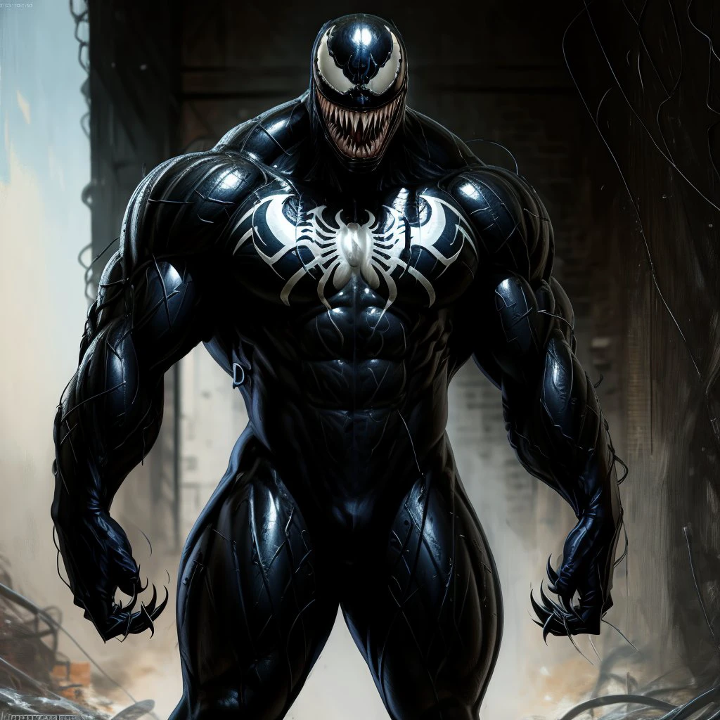 Venom, solo, monster, looking at viewer, 1boy, male focus, thighs, teeth, bodysuit, muscular, pectorals, sharp teeth, muscular male, claws, large pectorals, covered abs,  masterpiece, highres, photorealistic, best quality, perfect lighting, 8k, realistic, photo-realistic, ultra-detailed,  <lora:Venom:0.8>