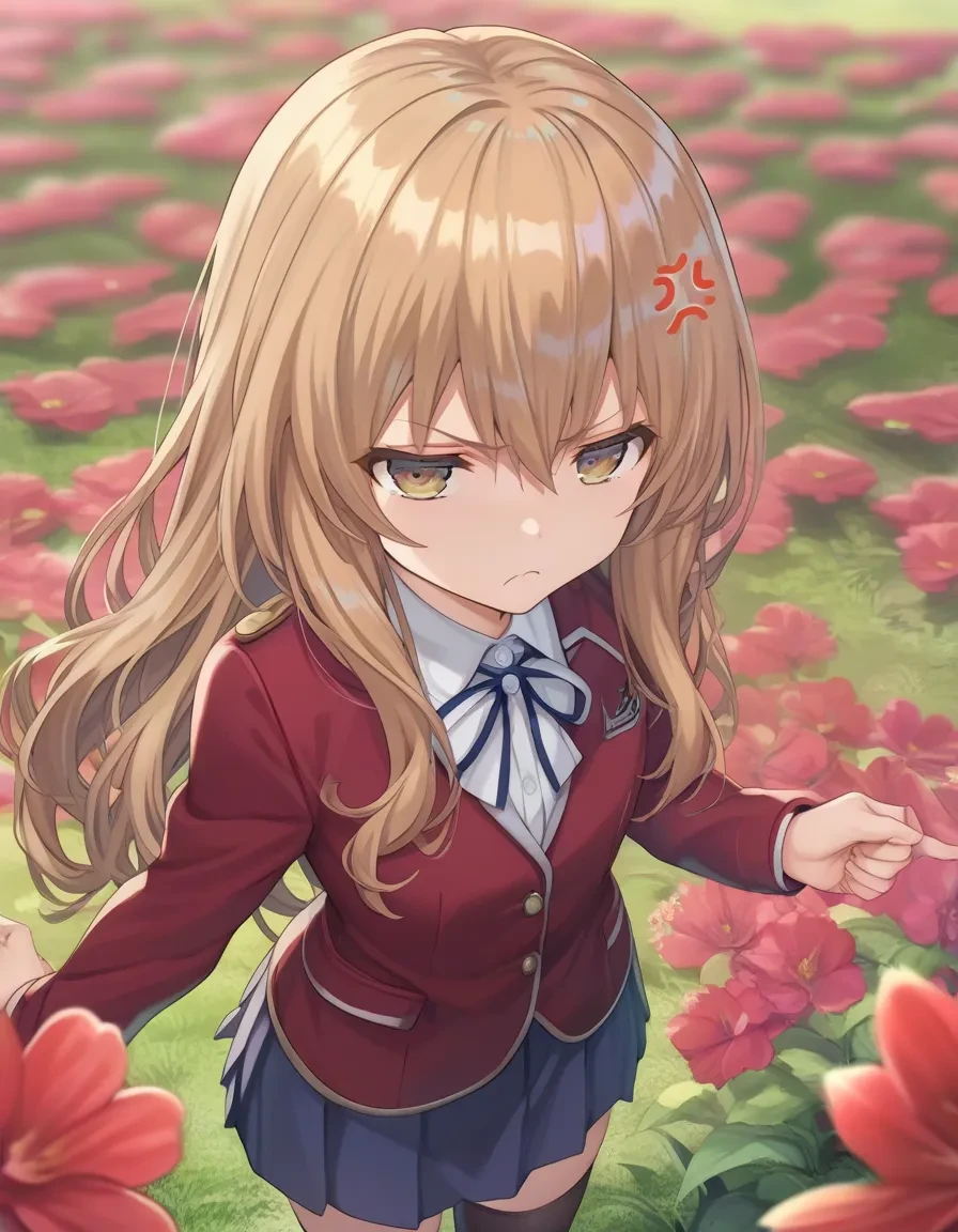 score_9, score_8_up, score_7_up, score_6_up, 1girl, in a flower field, half-closed eyes, angry, anger vein, frown, 
 <lora:torino_aqua_style_pony6_v1-000038:1>   <lora:TaigaAisakaXLpony001:0.6> TaigaAisaka,1girl,brown hair,long hair,brown eyes school_uniform,red jacket, blue skirt,pleated_skirt, black thighhighs,