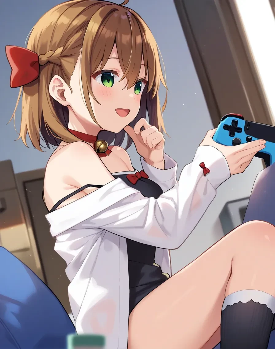 score_9, score_8_up, score_7_up, score_6_up,rating_safe, 1girl sitting playing videogames, from side,looking to the side, looking away, open mouth, brown hair, green eyes, sitting, blush, looking at viewer, ahoge, off shoulder, black socks, bow, kneehighs, bell, indoors, smile, neck bell, collar, braid, hair between eyes, white shirt, long sleeves, black camisole, choker, medium hair,red bow, hair_bow, dutch angle, medium breasts, profile, wariza,
, <lora:arumamai_ayuka_plus_style_pony6_v1:.9>