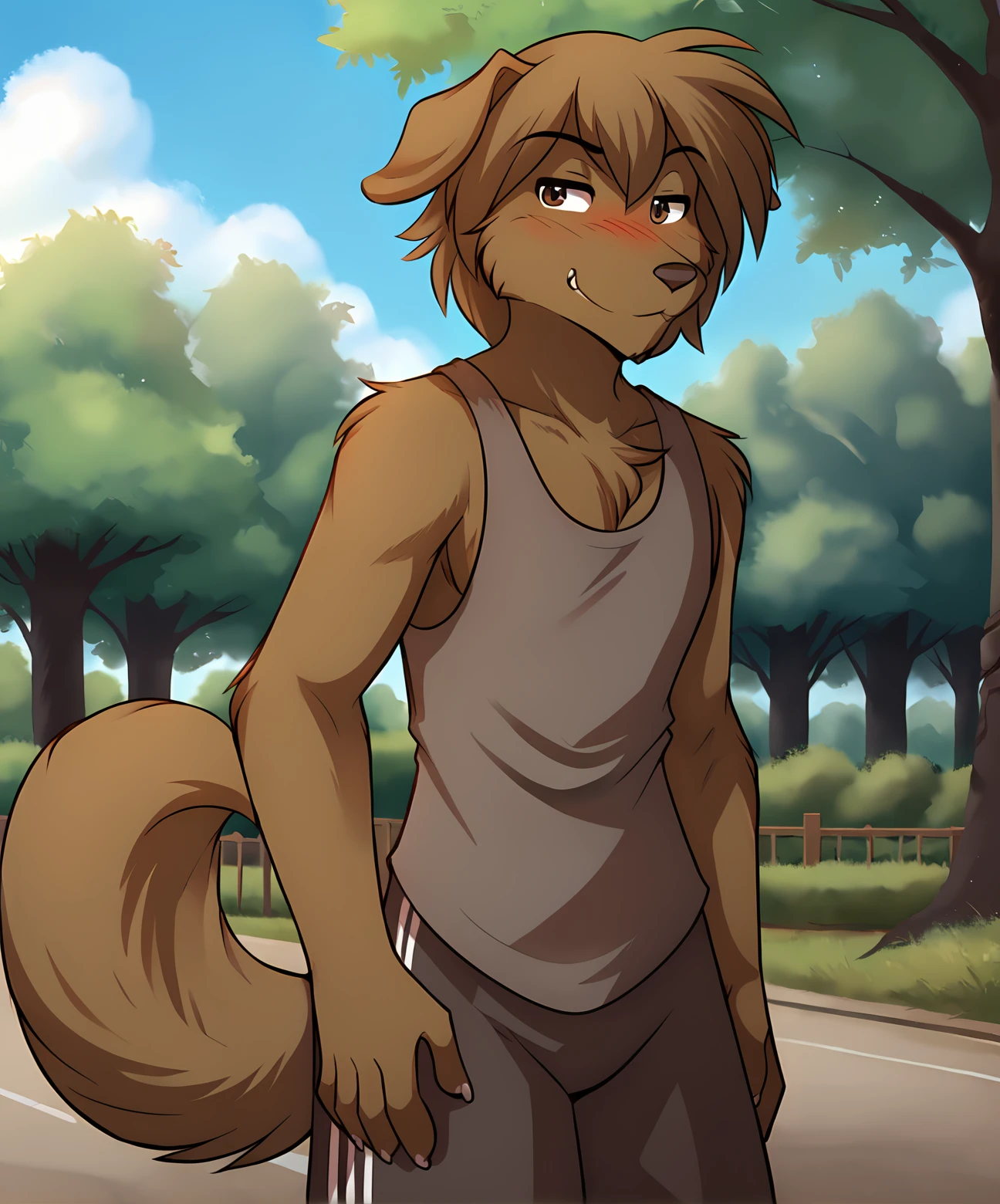 score_9, score_8_up, score_7_up,score_6_up,score_5_up, source_furry
BREAK
solo, furry male anthro,  medium hair, (blushing, seductive, smug), tank top, gym shorts, (outdoors, park), digitigrade
BREAK
<lora:Evals-Twokinds-SDXL-AnonTK-V1:1>, evals-twokinds, dog tail, floppy ears