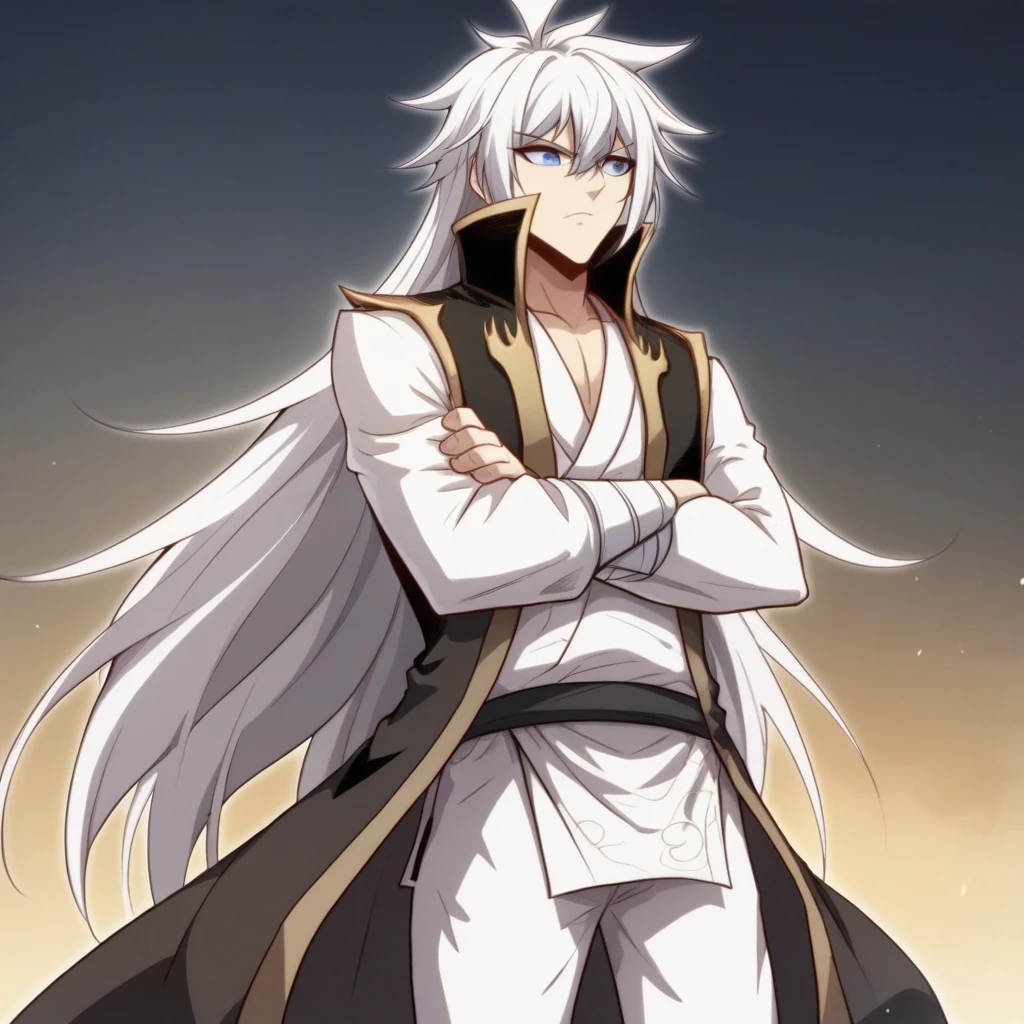 score_9_up, BREAK, Chenchangan,  1boy, solo, white hair, long hair, blue eyes, white hanfu, white top, long sleeves, open clothes,  white pants, black stash, crossed arms,<lora:ChenChangan_Normal_PXL_Leaf2:1>, centered, cowboy shot,