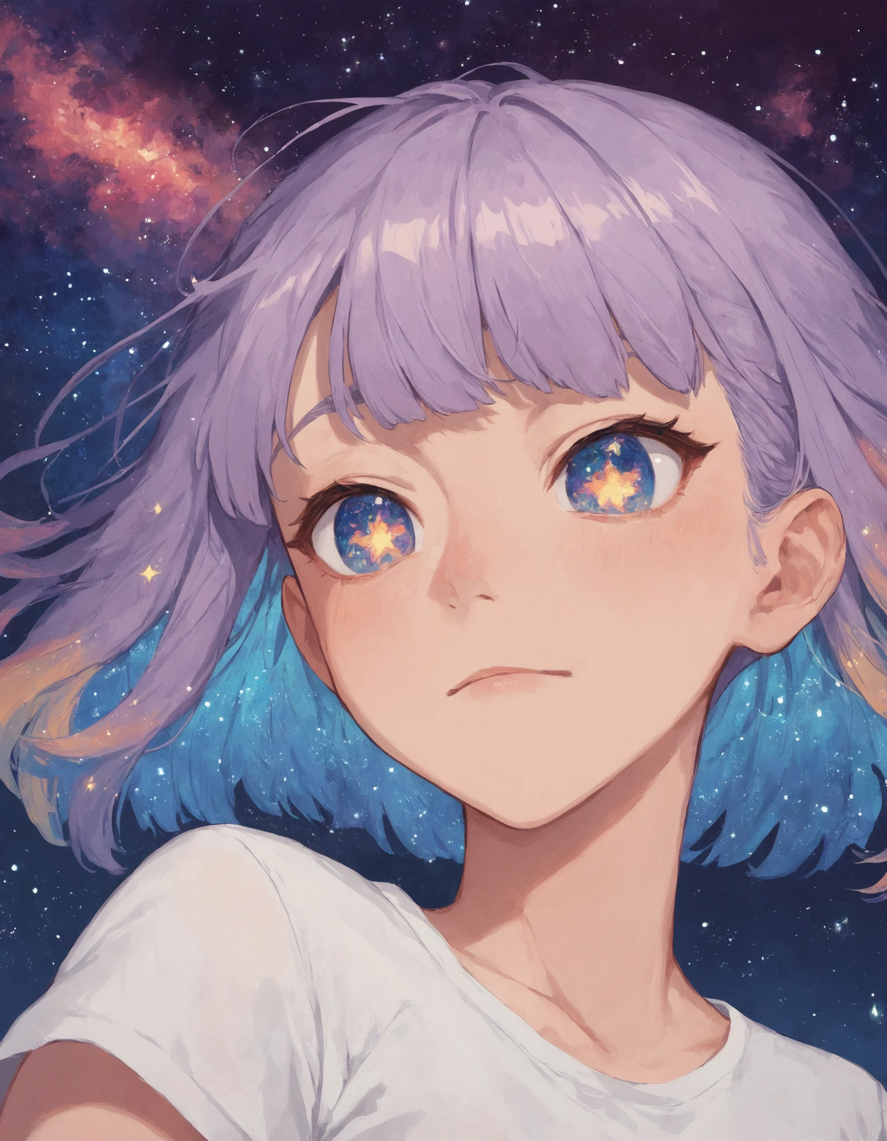 score_9, score_8_up, score_7_up, score_6_up, score_5_up, rating_questionable,  source_anime, <lora:ra1nstyle:1>, 1girl, portrait, galaxy pupils, close up, multicolored hair, fringe, cosmic, white shirt