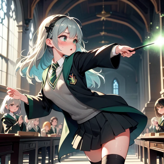 (((masterpiece))), (((best quality))), ((profile)), ((slytherin)), ((avada kedavra)), ((winding current)), ((green light)), (holding wand), wide sleeves, striped necktie, thighhighs, sweater, skirt, robe, hazy, wind, table, window, candle, aisle, great hall, hogwarts school uniform, multiple girls, gray hair, big tits, sweat, scared, shy, blush, slim figure, <lora:girllikeslytherin:0.8>