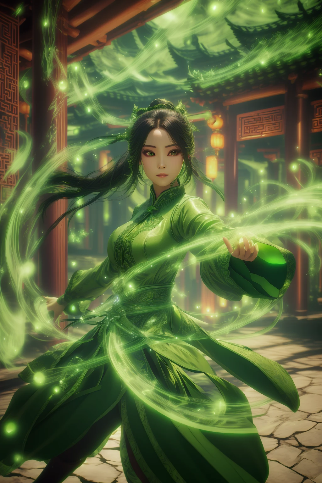 green-magic,using green-magic,using green-magic,green-aura,green-magic,dancing,ancient-costume,fighting stance,solo,1girl,black hair,chinese clothes,looking at viewer,blurry,wide sleeves,long sleeves,<lora:magic_fighting_green_512_15:1>,