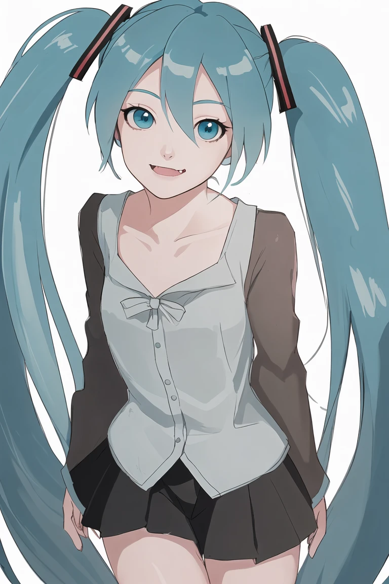 cowboy_shot,medium_shot,thighs,looking at viewer,Look directly,1girl,solo,twintails,hatsune miku,white background,fang,long hair,shirt,looking at viewer,simple background,aqua hair,hair ornament,collarbone,aqua eyes,