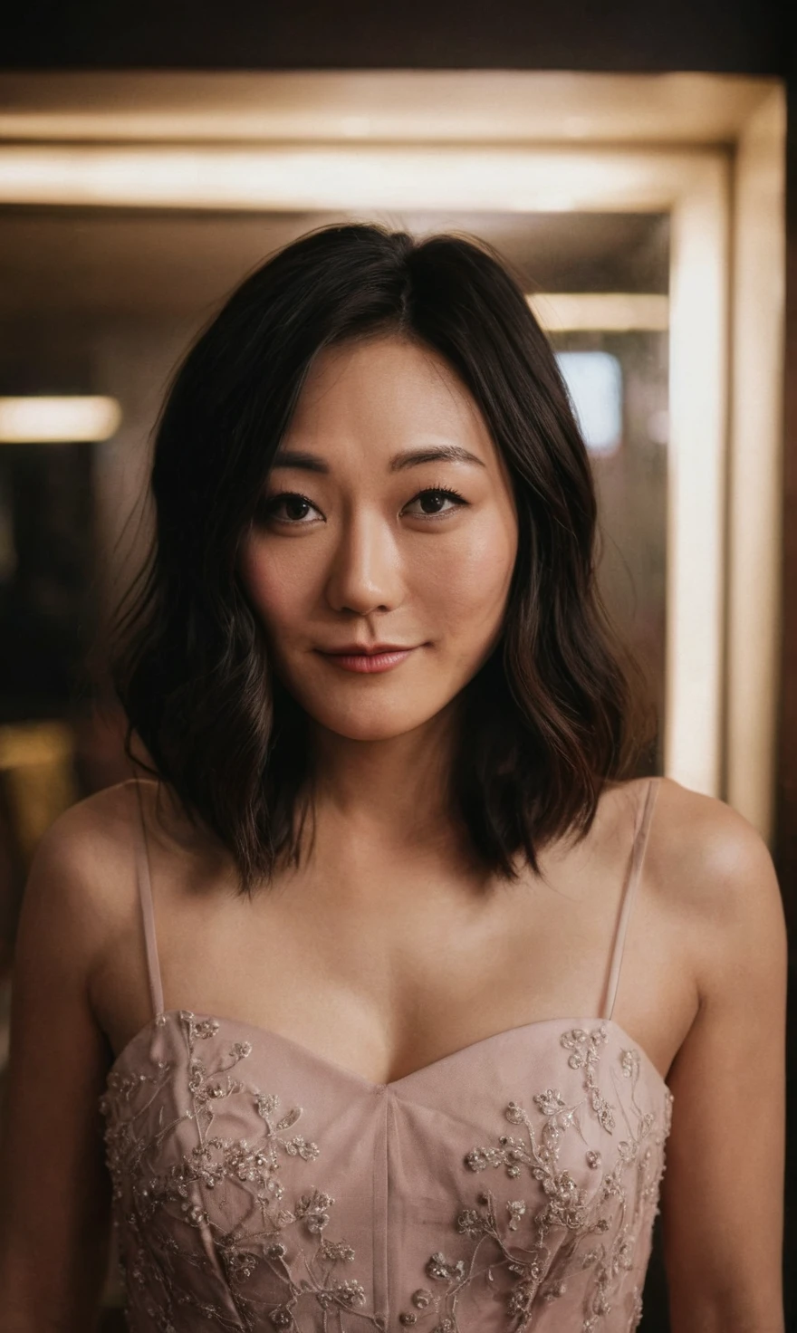 a beautiful picture of fukuharaXL ,woman,dark hair,detailed skin texture,masterpiece, photorealistic, light, RAW color photo,(fully in frame:1.1), (blush:0.5), (goosebumps:0.5),wearing a dress,detailed face,indoors, (smile:0.5), film grain,cinematic lightning,