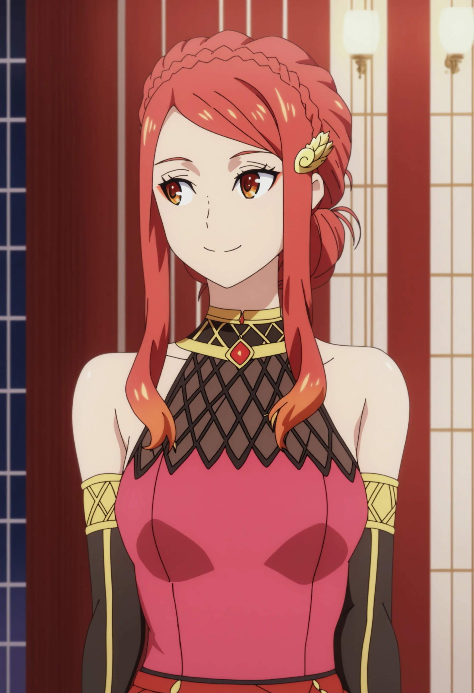 sysdeep_karnatia, 1girl, long_hair, breasts, smile, gloves, closed_mouth, bare_shoulders, orange_eyes, upper_body, braid, red_hair, detached_sleeves, sleeveless, indoors, elbow_gloves, looking_to_the_side, swept_bangs, halterneck, bridal_gauntlets, crown_braid, karnatia_dress, <lora:Karnatia Seri Anabald - [So Im a Spider So What] - Pony Version 1:1>