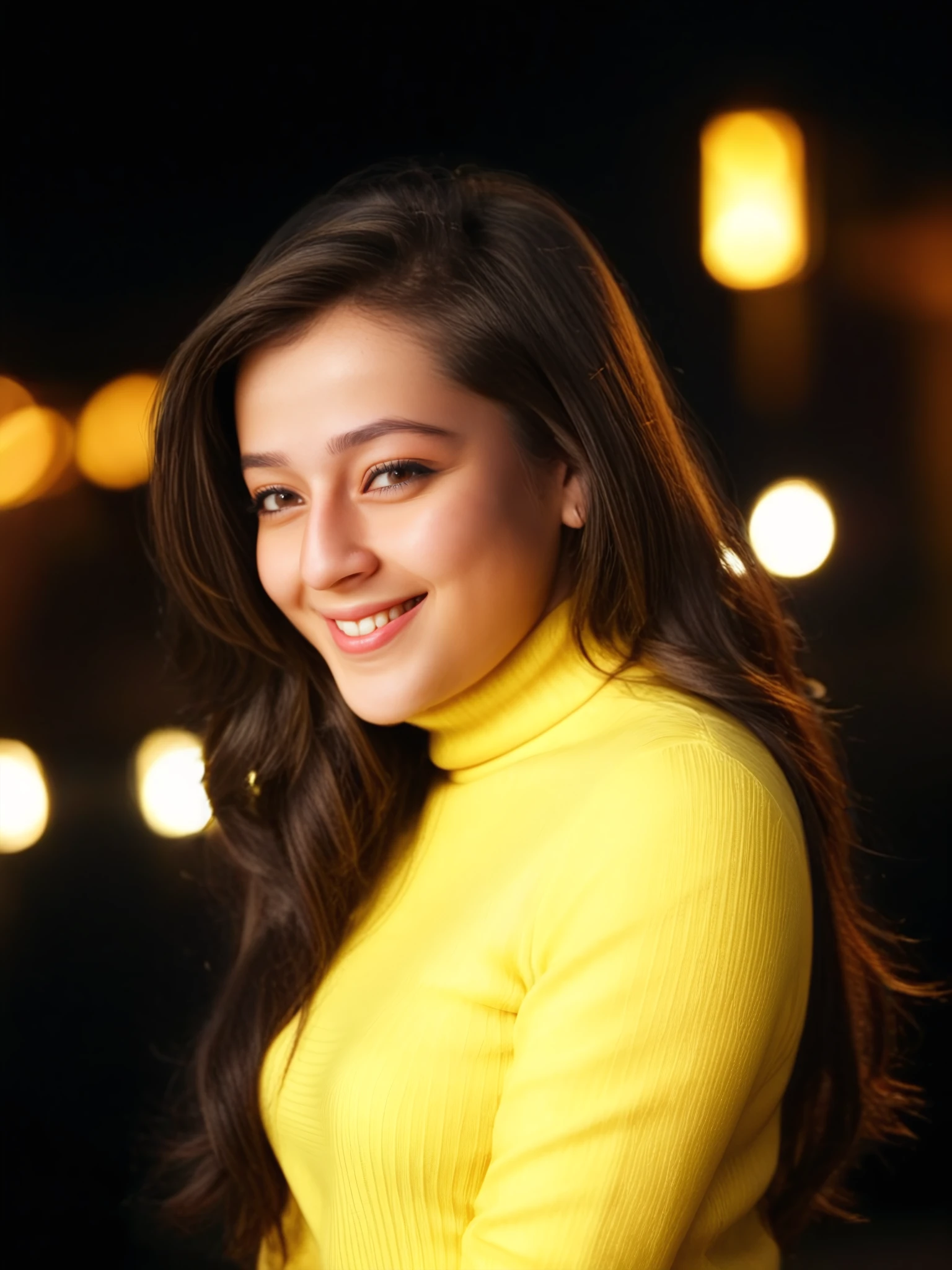 from front, portrait photo of a 30-year-old priyal gor woman,  Yellow colored modest turtleneck, laughing, facing camera, tied_hair, soft lighting, night time, city lights in bokeh   <lora:Priyal_Gor_SDXL_LoRA_adafactor:1>