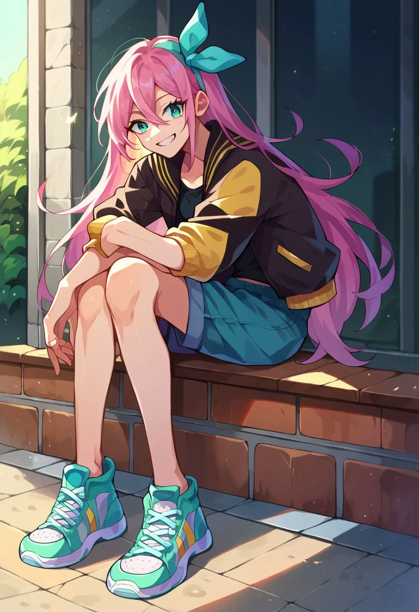 score_9, score_8_up, score_7_up, score_anime, aubreyomari, sneakers, letterman jacket, black shirt, aqua bow, smile, shorts, full body, sitting, teeth, bow