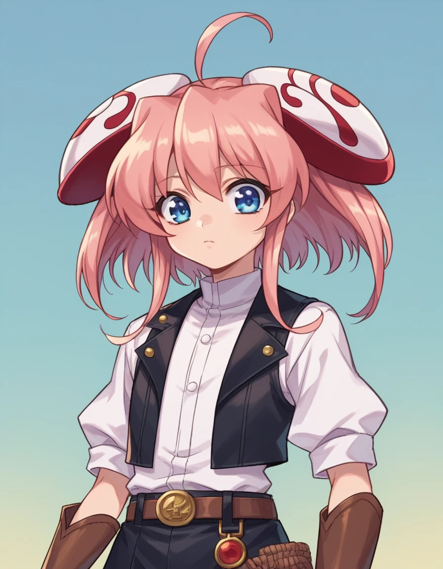 zPDXL, score_9, score_8_up, score_7_up, source_anime,
1girl, solo, <lora:Rizelmine_v2-20:0.8> rizel, ahoge, short hair, hair ornament, hairpods, pink hair, blue eyes, petite, flat chest, cowboy wearing Leather vest with conchos, leather skirt with fringe, cowboy hat with braided band, leather cowboy boots, leather belt with a decorative buckle,work gloves with reinforced palms and fingers, (portrait)