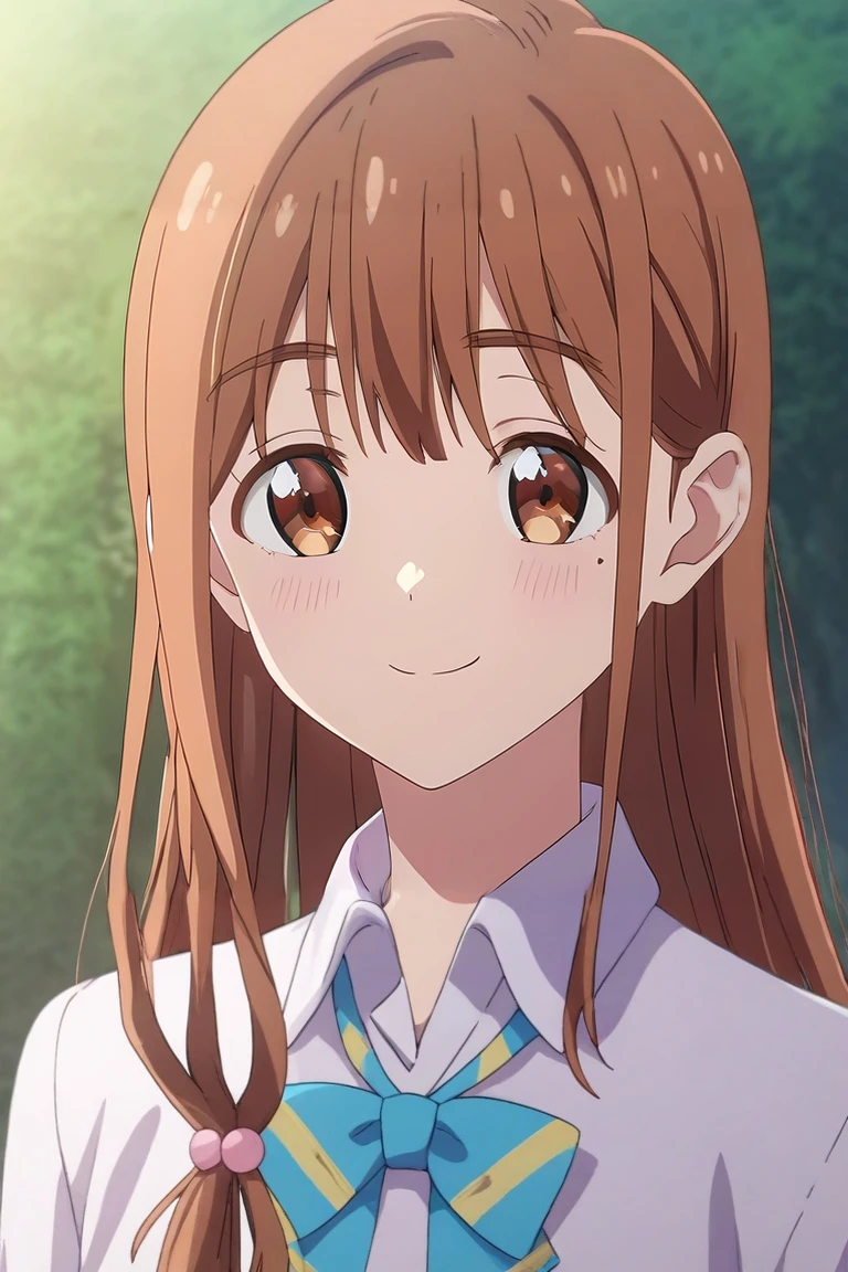 score_9, score_8_up, score_7_up, source_anime, rating_safe, , (3d:0.4), , , 1girl, solo, <lora:neko_fujinomiya_pony:0.84>, neko_fujinomiya, brown hair, brown eyes, long hair, bangs, mole, mole under eye, bow, bowtie, hair ornament, close-up, machu picchu, dawn, arms at sides, naughty smile, , <lora:sdxl_lightning_8step_lora:1>