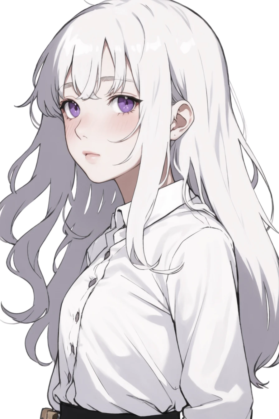 1girl,solo,long hair,white hair,looking at viewer,purple eyes,white background,heart,shirt,white shirt,simple background,upper body,from side,wavy hair,blush,looking to the side,
