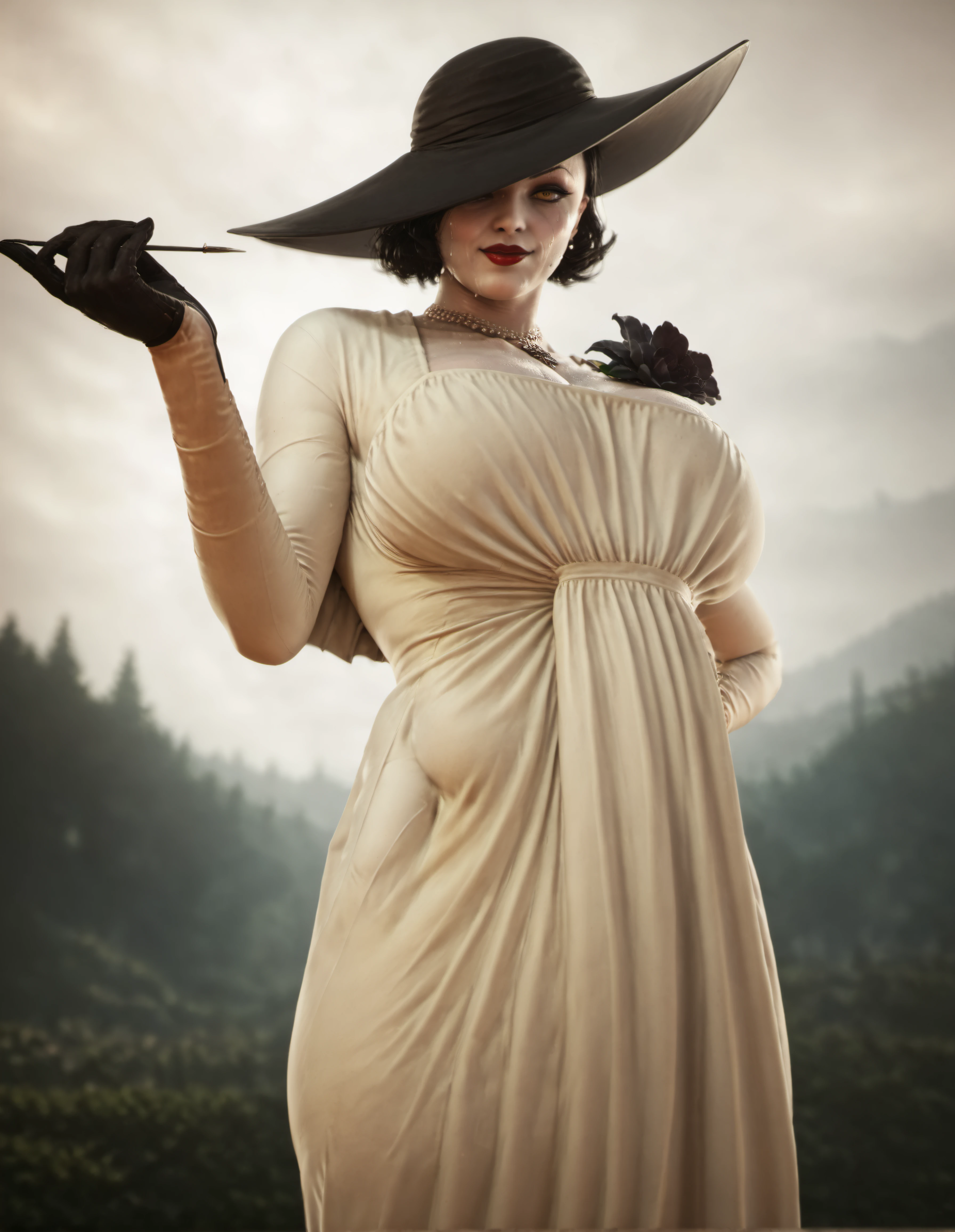 rating_explicit,score_9,score_7_up,score_6_up,score_5_up,score_4_up,very,tall,woman,long white dress with a black flower on her left side,black gloves,black hat,necklace,black hair,yellowish eyes,pale-white skin,dark-red lipstick,<lora:Lady DimitrescuXL:0.8>,wide hips,thick thighs,huge breasts,huge ass,sweat,