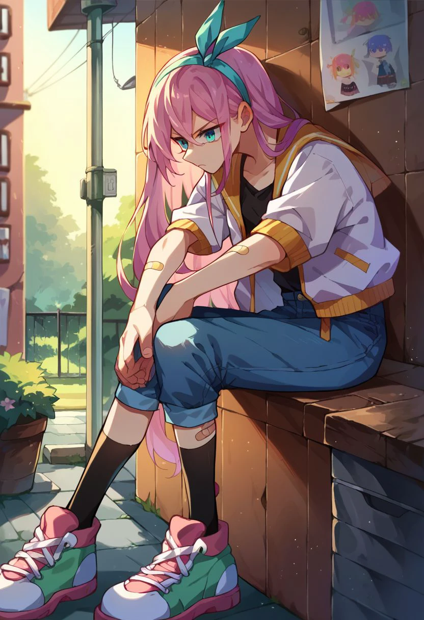 score_9, score_8_up, score_7_up, score_anime, aubreyomari, upper body, socks, denim, open jacket, 
shoes, hairband, bandaid, black socks, open clothes