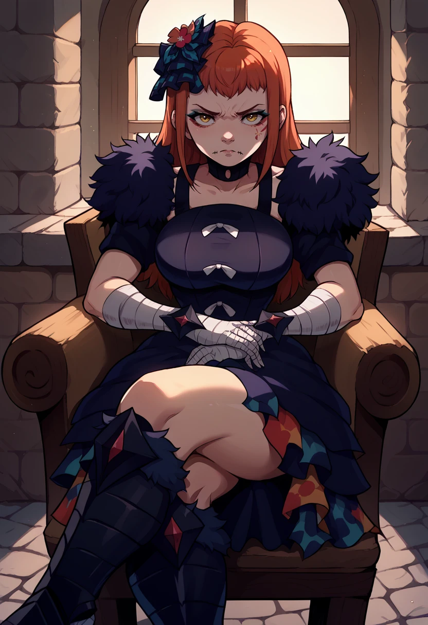 score_9, score_8_up, score_7_up, 1girl, sitting, crossed legs, looking at viewer, unamused, BREAK <lora:PanetteFE-pdxl:1> defPanette, long hair, hair bow, makeup, facial mark, stitched mouth, black choker, fur-trimmed dress, large breasts, multicolored skirt, short sleeves, bandaged arm, bracelet, armored boots, indoors, cobblestone, chair, window