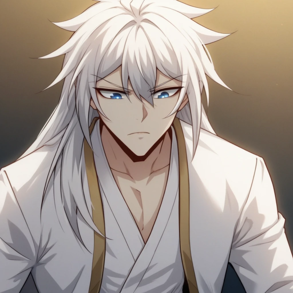 score_8_up, BREAK, Chenchangan,  1boy, solo, white hair, long hair, blue eyes, white hanfu, white top, long sleeves, white legwear, open clothes, <lora:ChenChangan_Normal_PXL_Leaf2:1>, upper body,