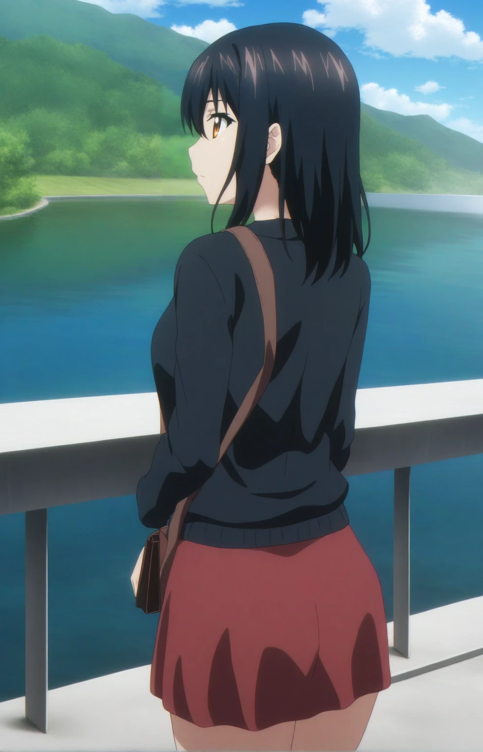 masterpiece, best quality, HYukinaV4XL, 1girl, solo, looking back, (black sweater, short red skirt, long sleeves), holding bag, standing, from behind, outdoors, bridge, water, day, clouds, sunbeam, <lora:HYukinaV4XL-SDXL-EP10:1>