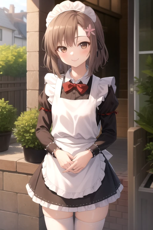 ((masterpiece)),(best quality),official art,extremely delicate and beautiful,extremely detailed CG,unity 8k wallpaper,ultra detailed,beautiful detailed eyes,extremely detailed face,outdoors,1girl,solo,cowboy shot,looking at viewer,facing viewer,smile,Kusunoki Yukimura,alternate costume,maid,short hair,wavy hair,brown hair,maid headdress,black ribbon,hairclip,hair ornament,hair flower,side swept bangs,brown eyes,maid apron,frilled apron,white apron,black dress,red bowtie,puffy long sleeves,frills,medium breasts,white thighhighs,zettai ryouiki,mary janes,black footwear,<lora:Kusunoki Yukimura(idhmf)>,