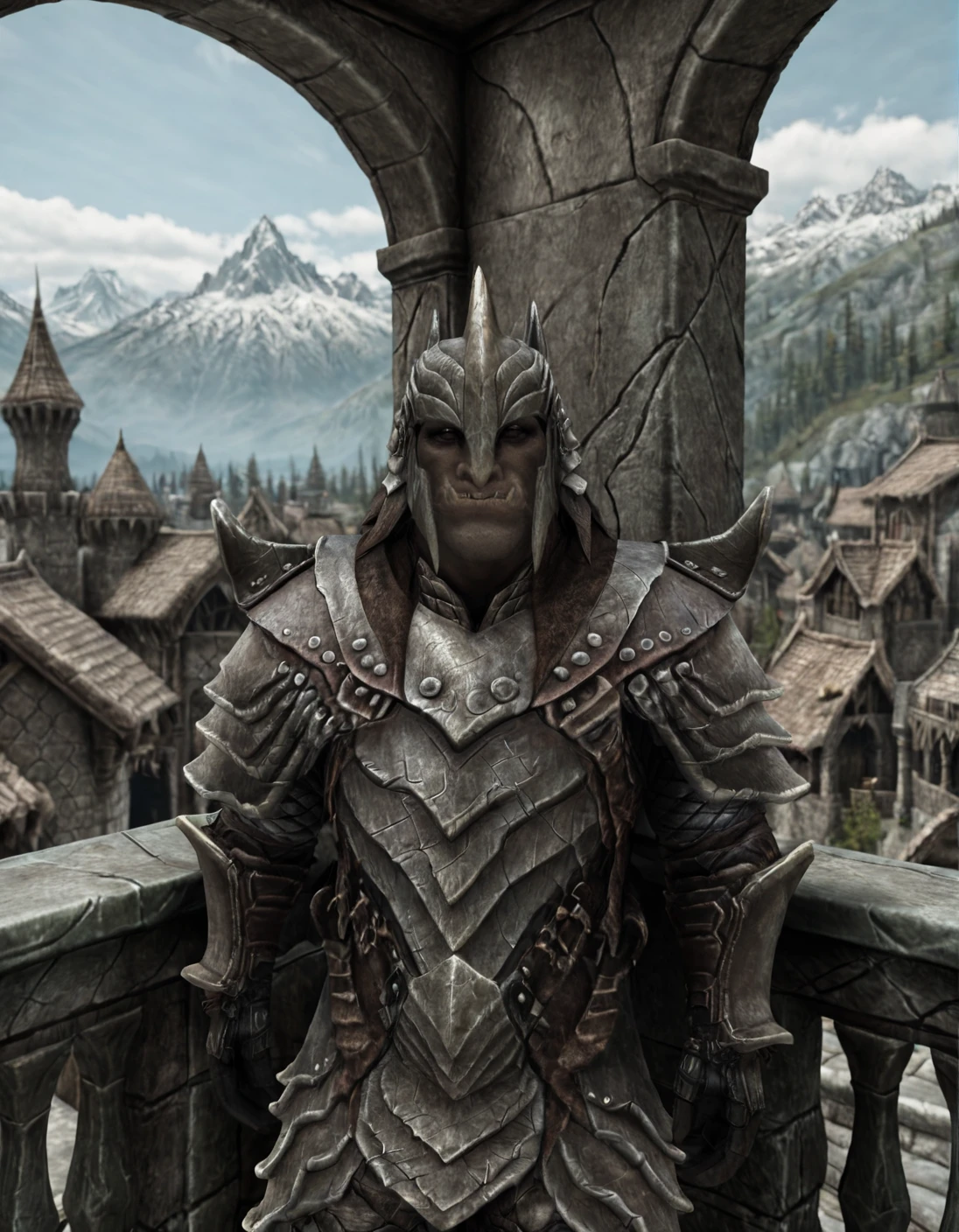 A close-up shot of a male orcimer, dressed in heavy armor, posing confidently on the balcony. view of Skyrim city, ((Skyrim style)), (((daytime))), ((full body shot)), (((looking directly at the viewer))),orsimer<lora:EMS-391506-EMS:1.000000>, <lora:EMS-20438-EMS:1.000000>